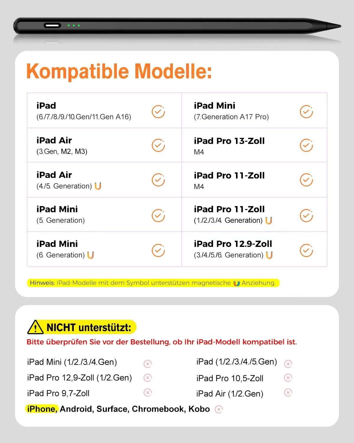 Thumbnail 6 de Varkda Penna stilo compatibile con iPad 10ª/9ª/8ª/7ª/6ª, iPad Air 3/4/5, iPad Pro 11/12,9 e iPad Mini 5/6 (stilo nero, ricarica rapida, magnetico)