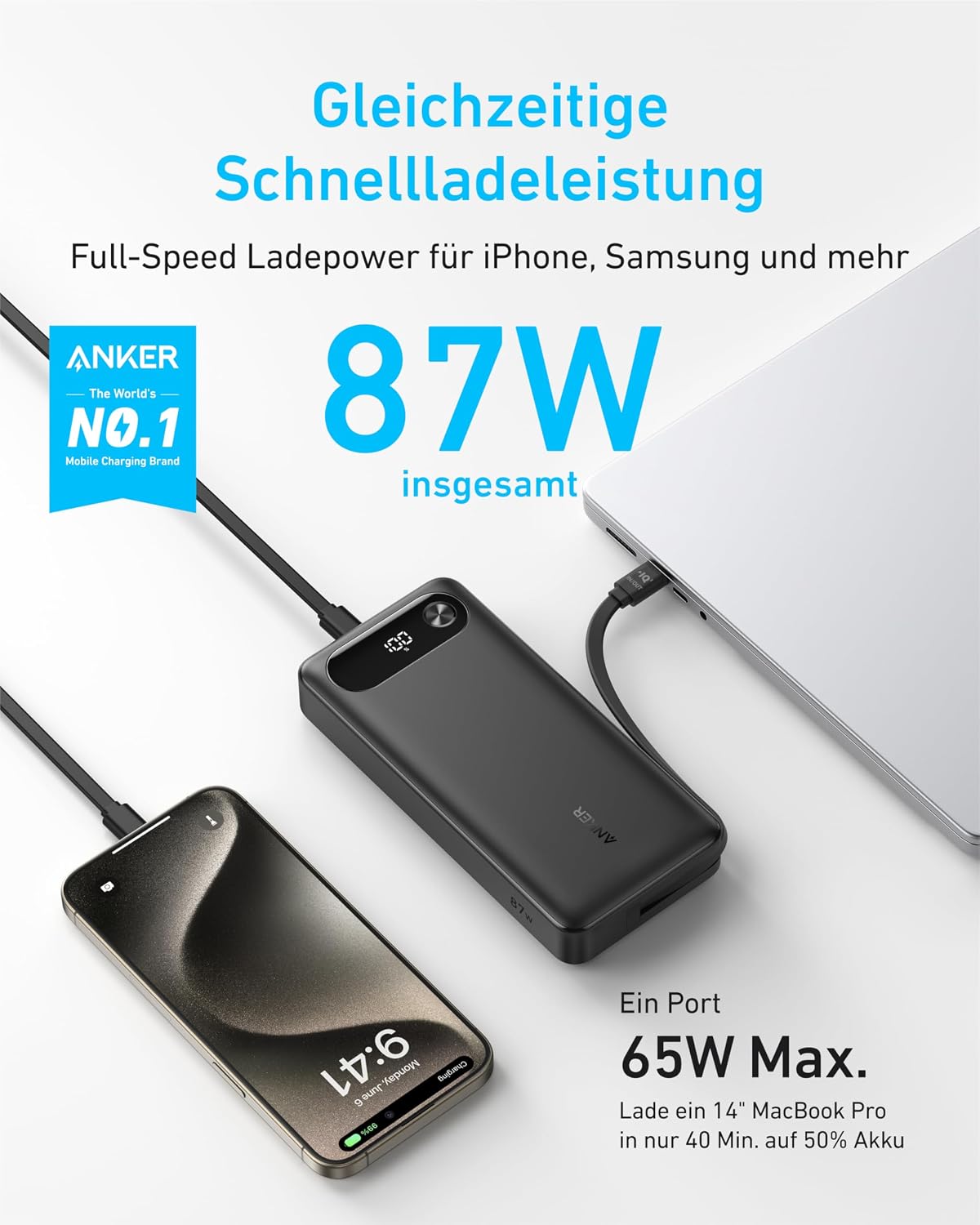 Detalle 2 de Anker Powerbank 20000mAh 87W Max mit integriertem USB-C Kabel – 3-Geräte-Ladung