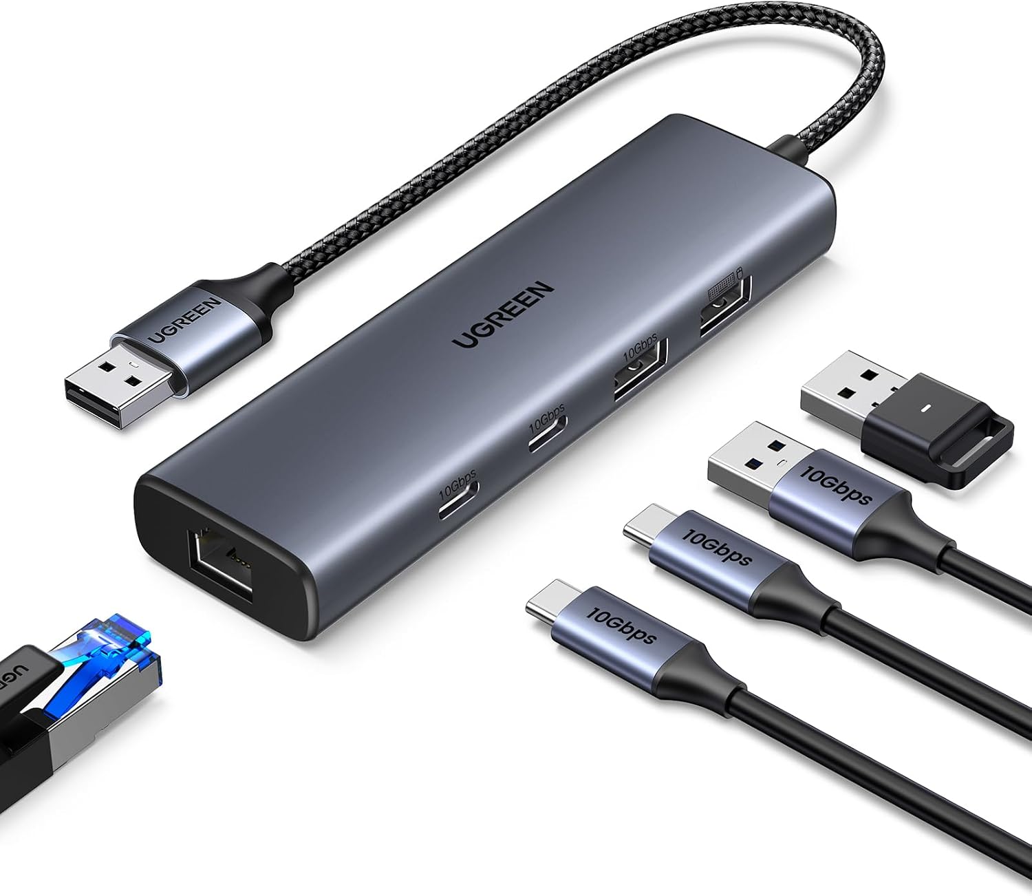 Detalle de UGREEN 10Gbps Hub Ethernet 5 en 1 RJ45 USB-C