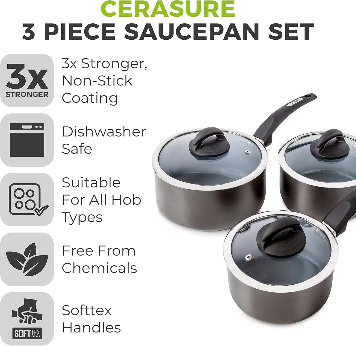 Detalle de Tower T80302 Cerasure 3 Piece Saucepan Set with Non-Stick Coating – Graphite (16/18/20 cm)