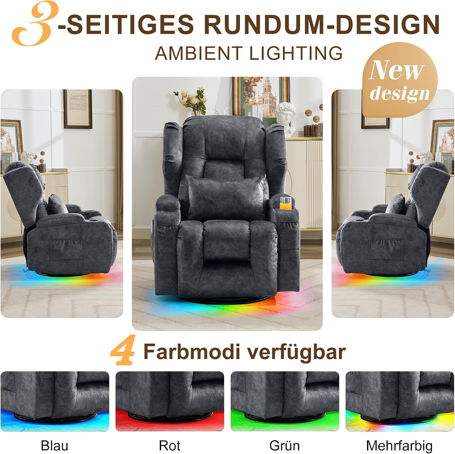 Detalle de SITURAY 2-Motorer Elektrischer Verstellbarer Relaxsessel mit Liegefunktion, Drehbarer TV-Sessel mit Massage + Wärme – Samt Grau