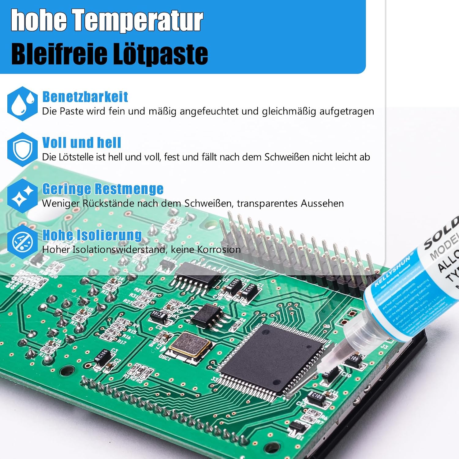 Detalle de KELLYSHUN KL-652 No-Clean Lötpaste + Flussmittel + Entlötlitze (Sn99%/Ag0.3%/Cu0.7%, 3-teilig)
