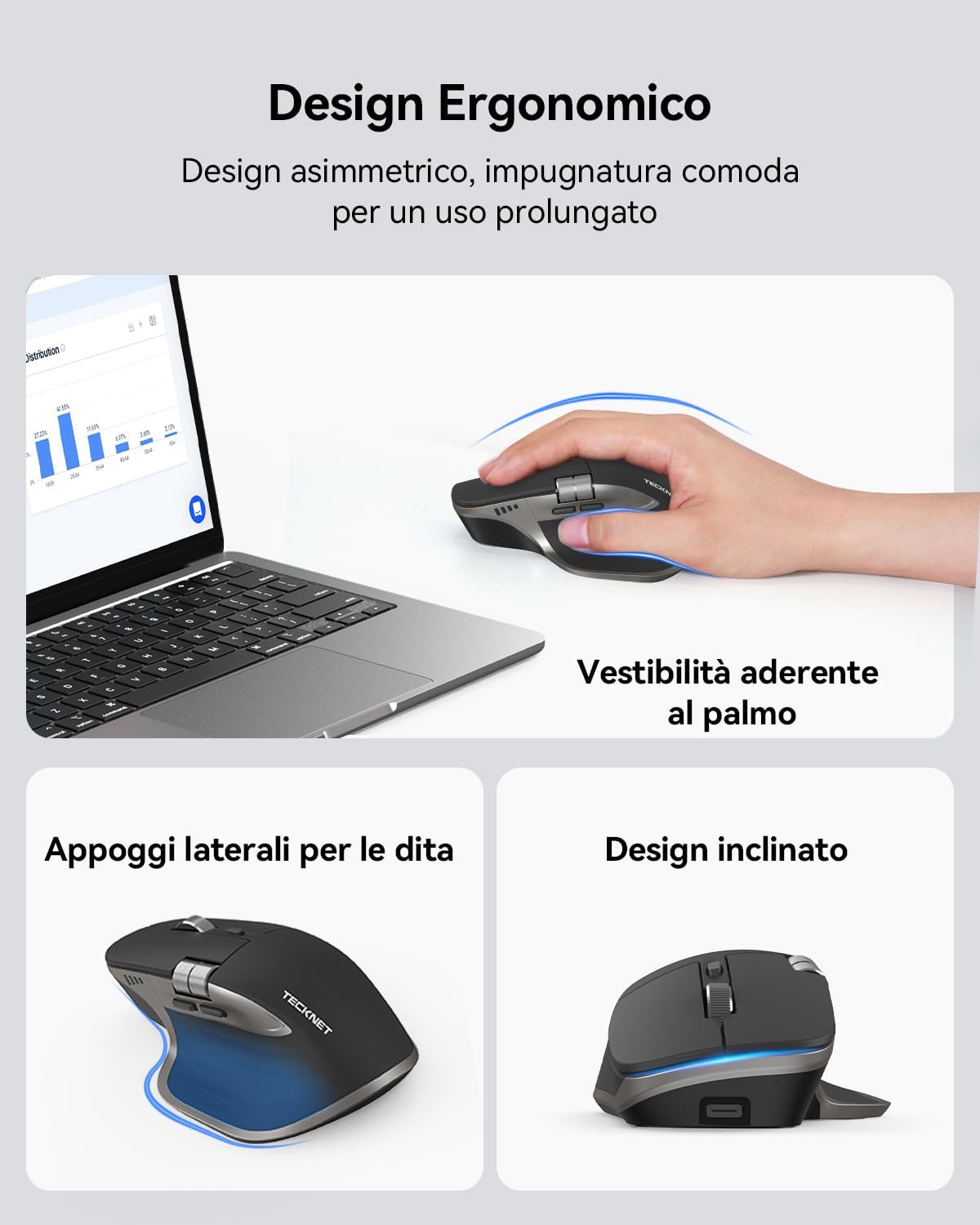 Thumbnail 4 de TECKNET Mouse Wireless Bluetooth ad Alte Prestazioni: 3 connessioni, rotella orizzontale e clic silenzioso