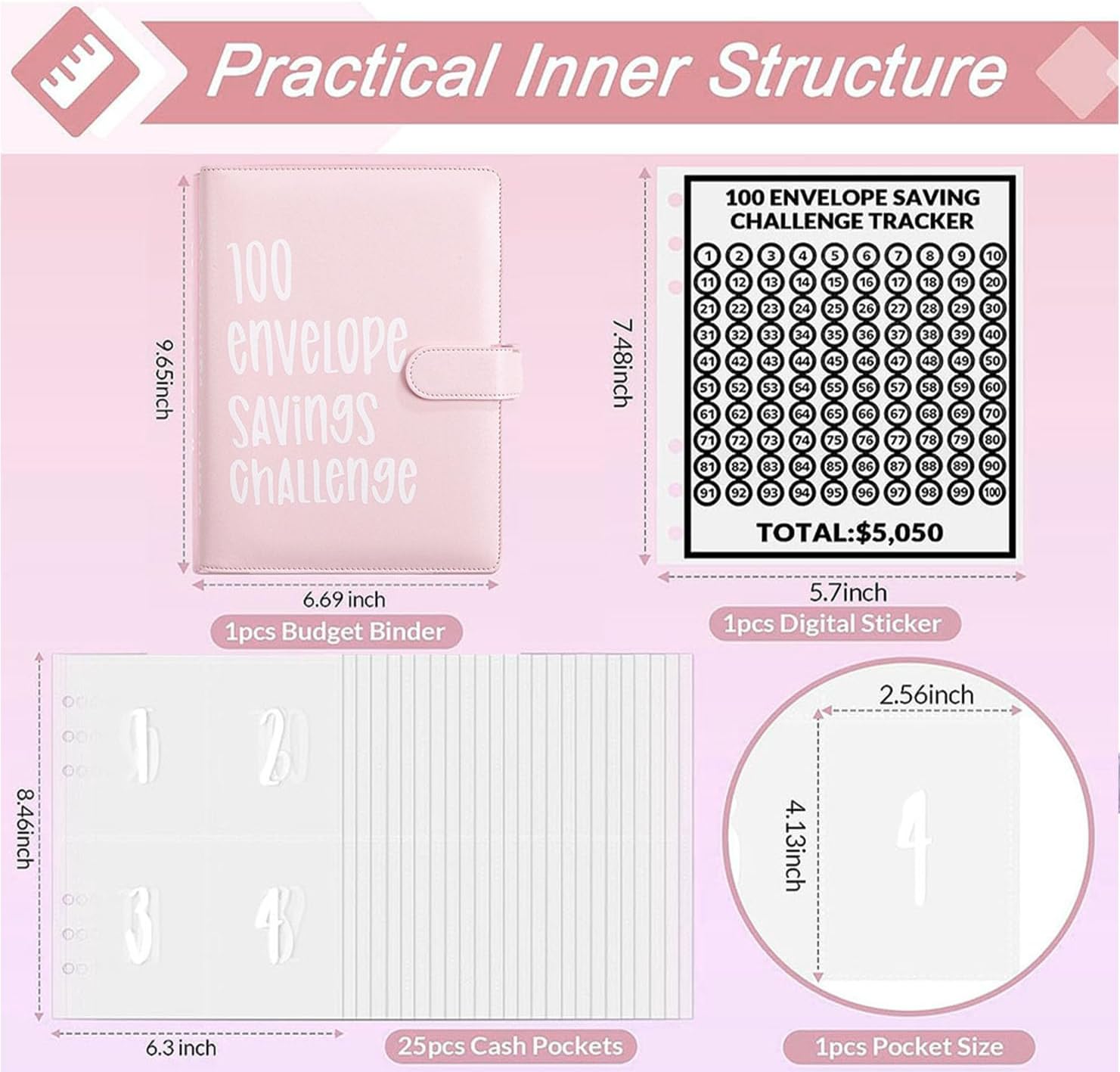 Detalle 2 de AASLOB 100 Envelope Challenge Binder, Pink PVC, 25 Pages, 100 Slots