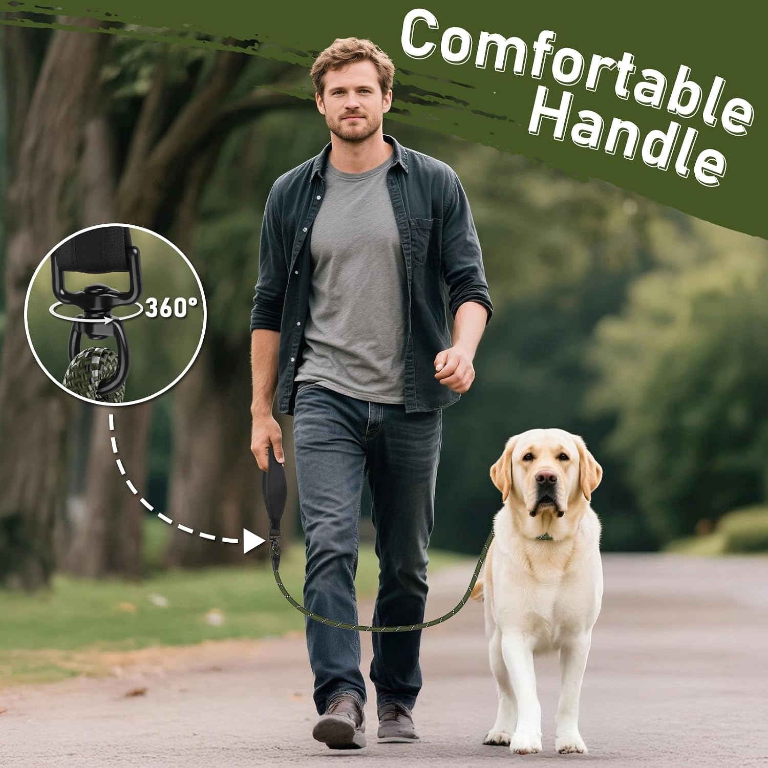 Detalle de Kdsvakd slip lead for dogs (anti-pull) with 360° padded handle and reflective adjustable slip collar, army green 13mm x 1.5m