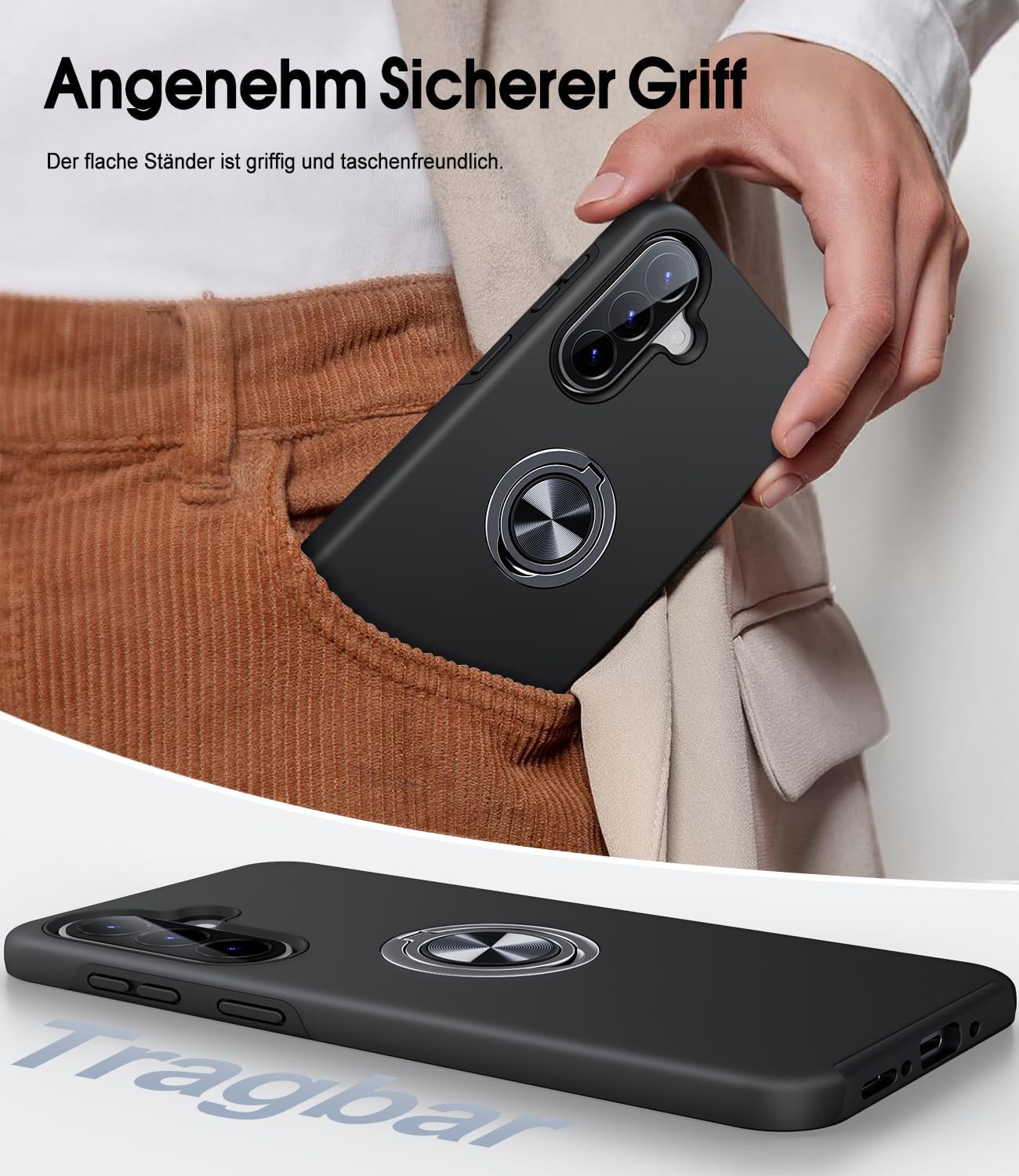 Thumbnail 6 de AOUIA Hülle für Samsung Galaxy A37 5G mit 2 Panzergläsern, 3-in-1 Set und 360° Ring-Kickstand (schwarz)