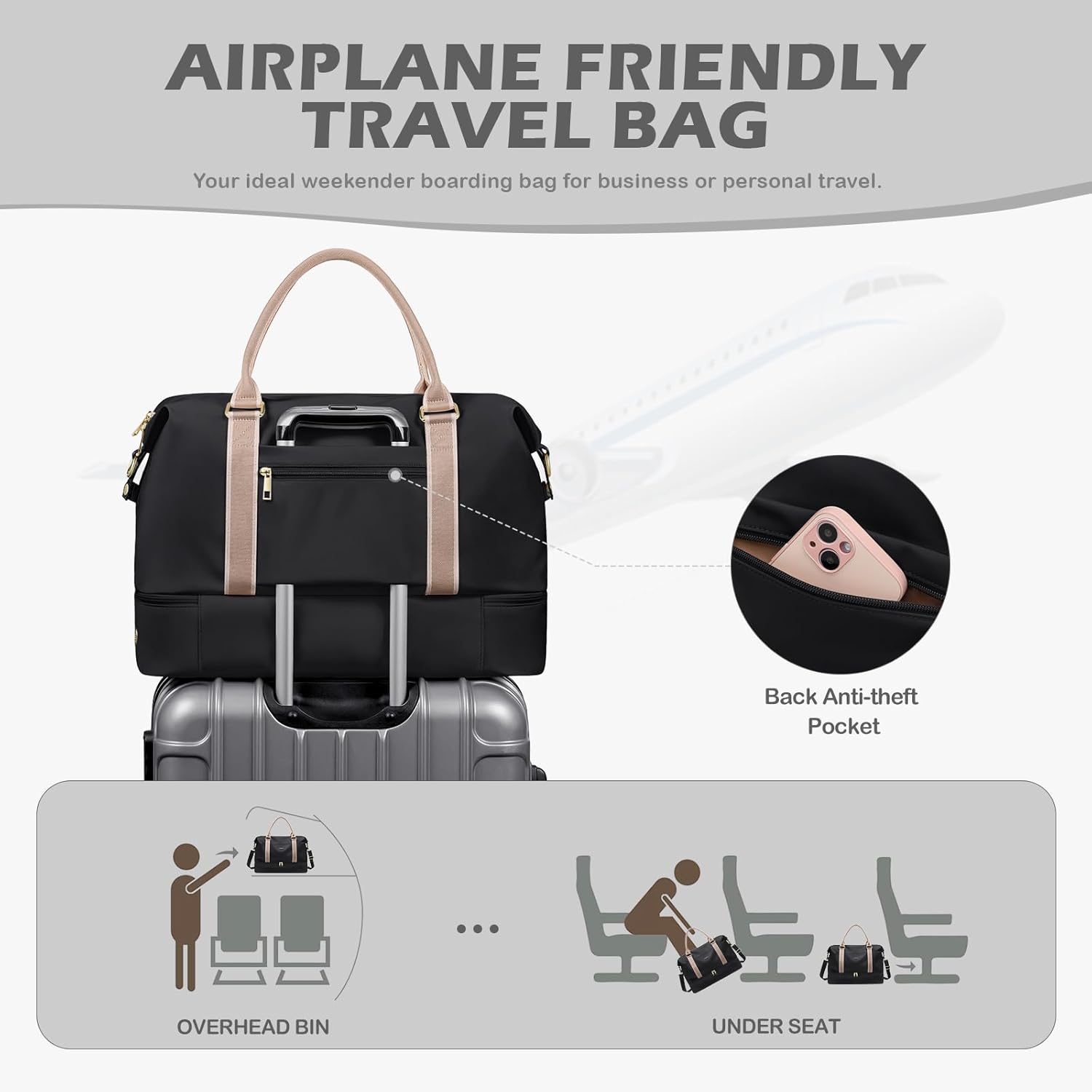 Thumbnail 6 de 46L Sac de Voyage pour Femme avec Compartiment à Chaussures et Trousse de Toilette – Noir