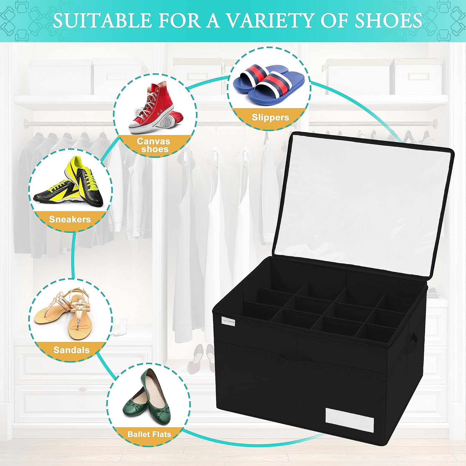 Detalle de LUVHOMEE Shoe Organiser for Closet – Fits 16 Pairs, Large Clear Foldable Storage Bins