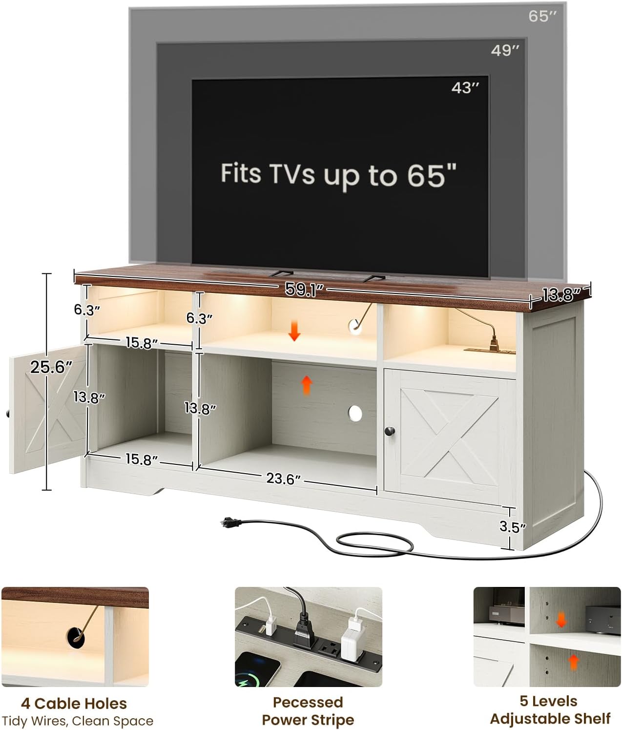Thumbnail 2 de Casaottima 0724FXAJARN Farmhouse TV Stand for 65-Inch TVs with LED Lighting