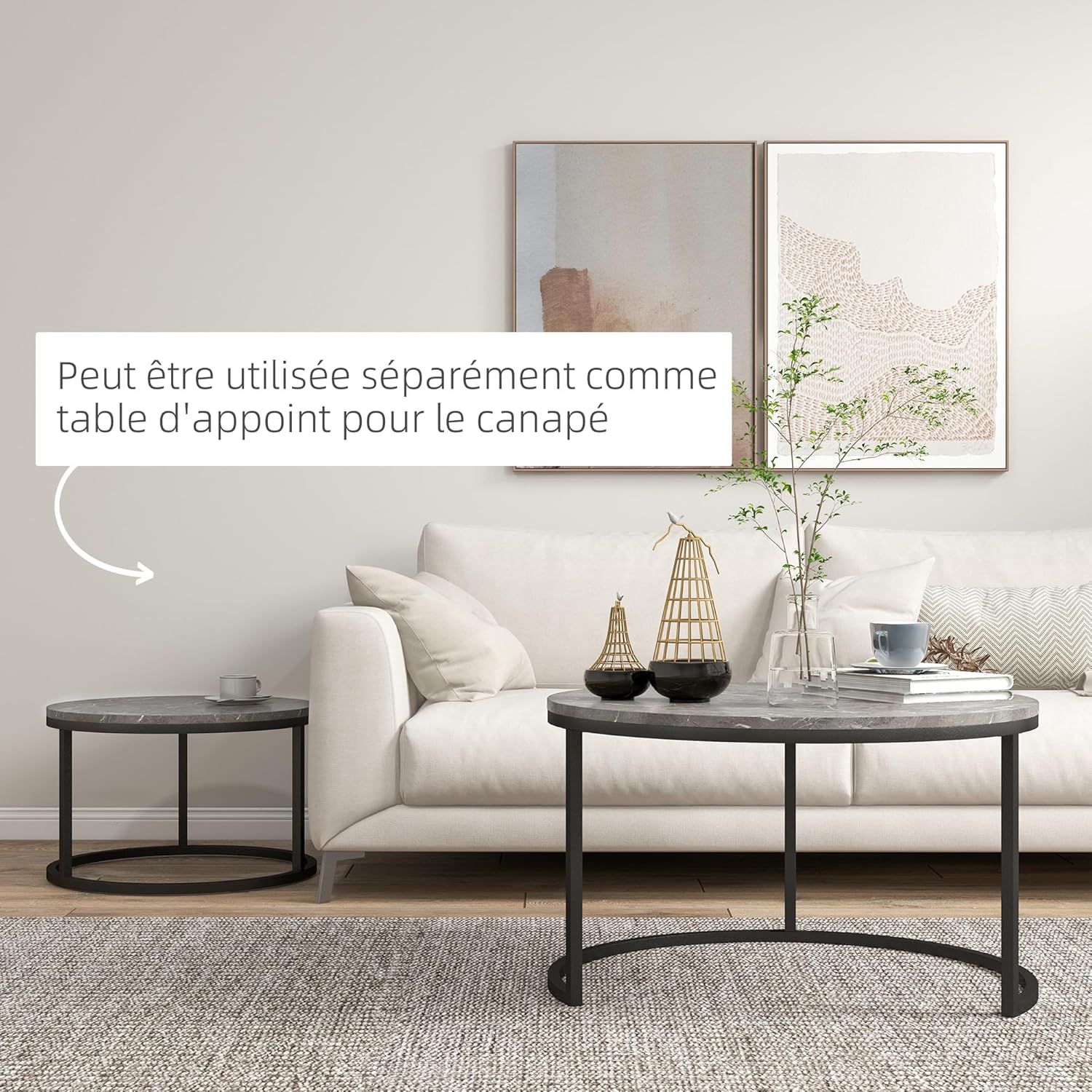 Thumbnail 4 de HOMCOM Lot de 2 tables basses gigognes rondes empilables, plateau gris imitation ciment et piètement métal noir