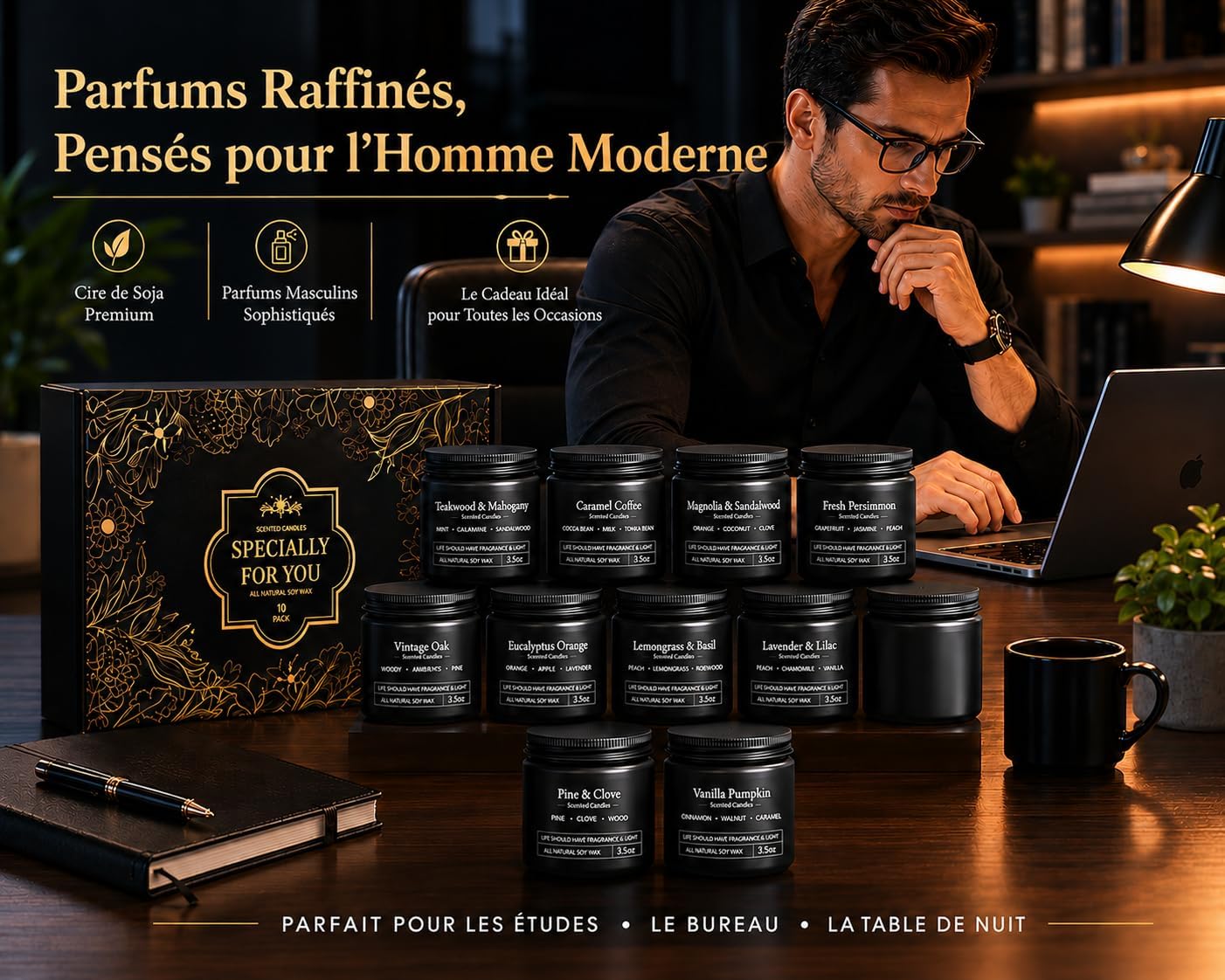 Thumbnail 6 de Lot de 10 Bougies Parfumées pour Homme – Coffret Cadeau Premium en Verre et Pots Noirs