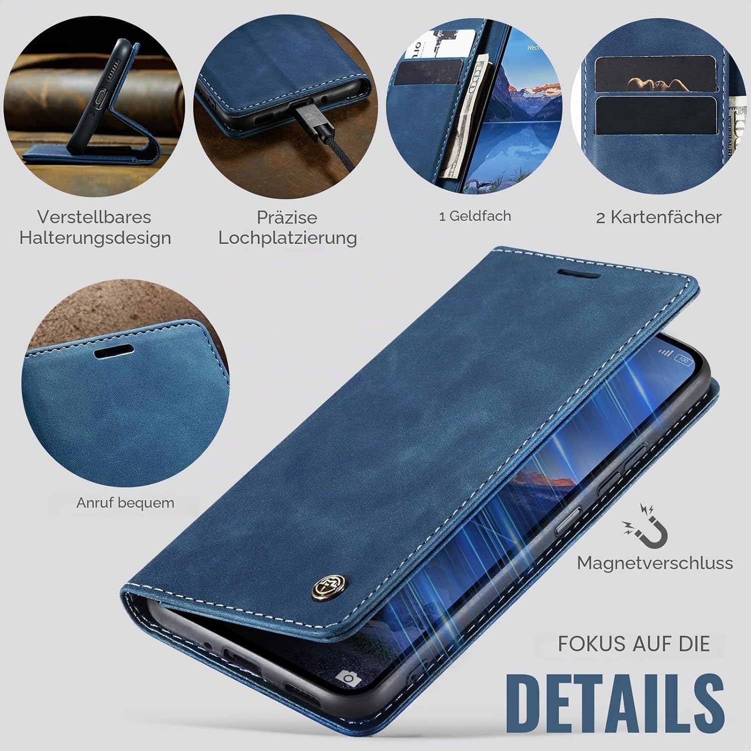 Detalle de Monweicz Klapphülle aus PU-Leder für Xiaomi Poco X7 5G – Blau mit Ständerfunktion, Kartenfach und Magnetverschluss