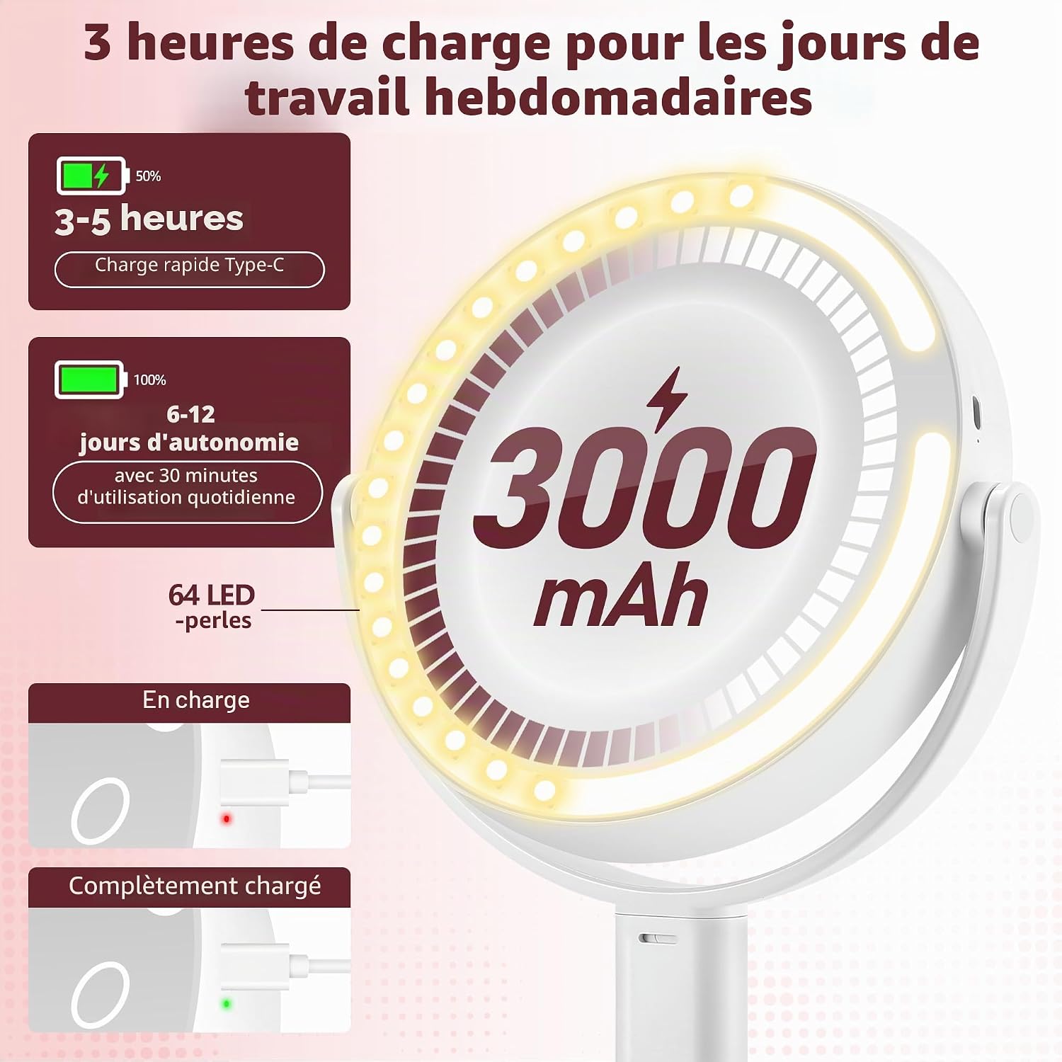 Thumbnail 5 de MOMOKUBA miroir cosmétique éclairé – 20x, double face, hauteur réglable, rotatif 360°, 3 couleurs lumineuses