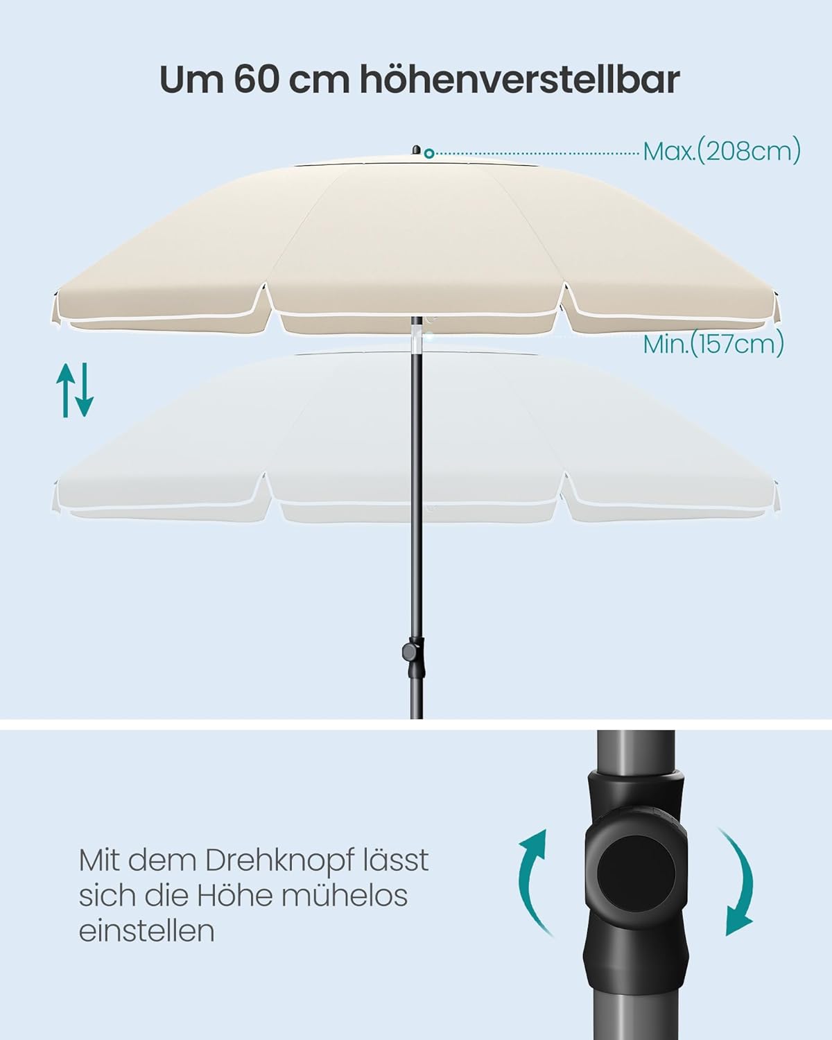Thumbnail 6 de SONGMICS Sonnenschirm 180 cm mit UPF 50+, beidseitig um 30° knickbar und höhenverstellbar (beige, ohne Ständer) GPU062LZ01