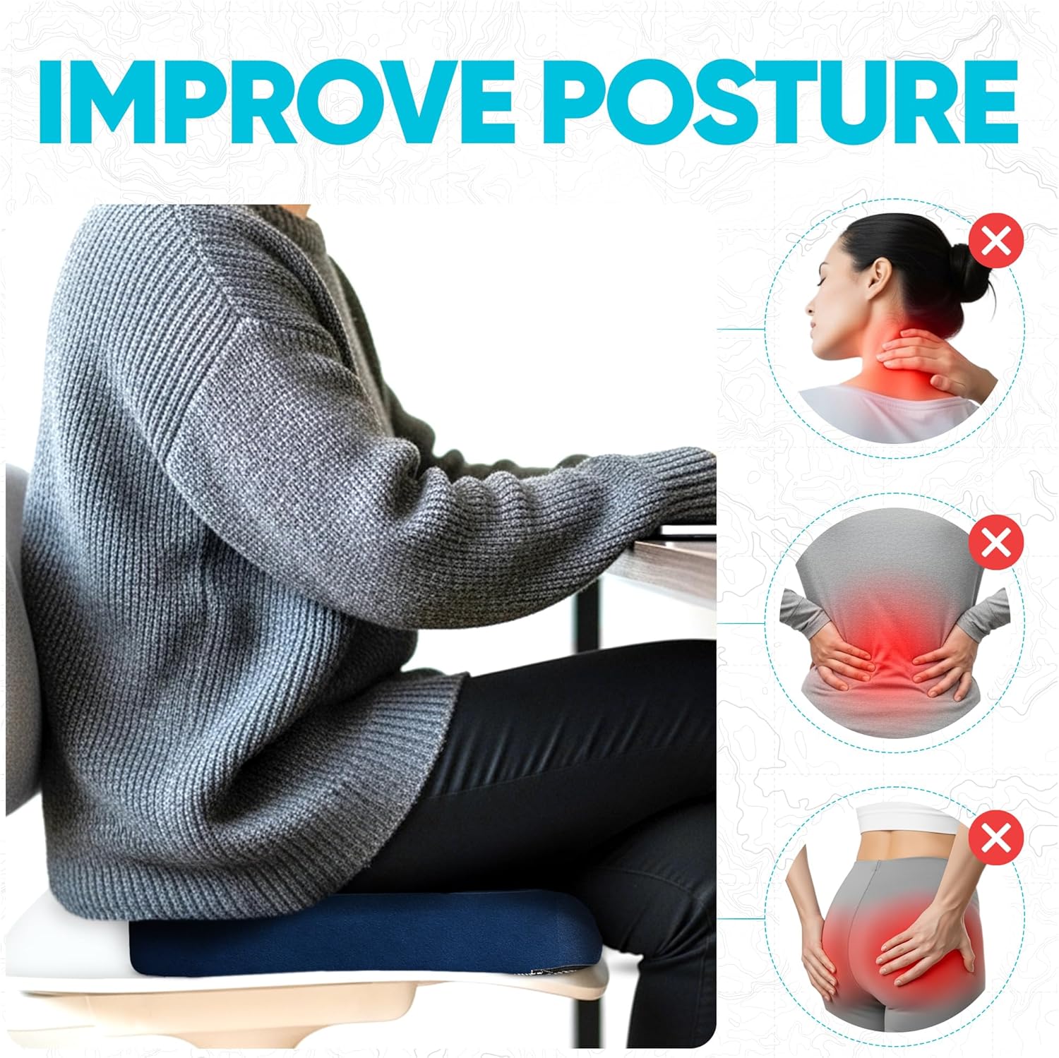 Detalle de FORTEM Office Chair Cushion (Memory Foam) – XL U-Shape Seat Pad with Non-Slip Base, Washable Cover