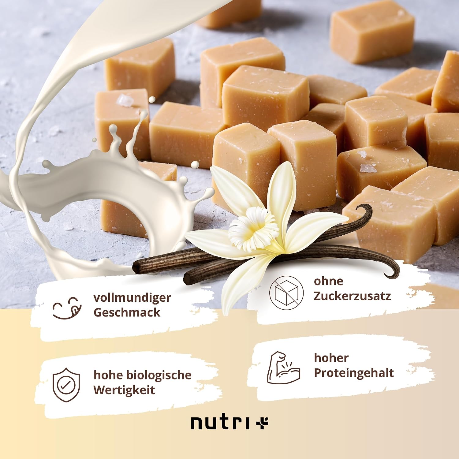 Detalle de Nutri + Protein Pulver Vegan Vanilla Toffee 1 kg – 80% Eiweiß, 3-Komponenten Pflanzliches Protein