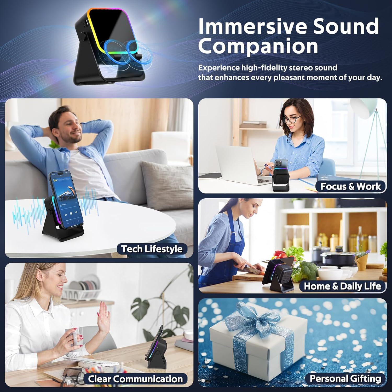 Detalle de BIIB Vatertagsgeschenk für Papa – 6-in-1 Induktions-Bluetooth-Lautsprecher mit 360°-Handyhalter, RGB-Licht und Ladefunktion