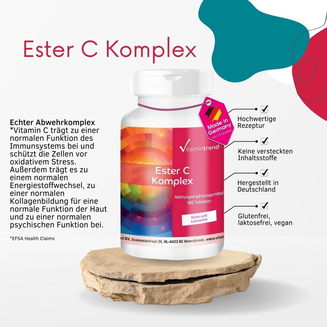 Detalle de Vitamintrend Ester C Komplex: 180 Tabletten, vegane Vitamin-C-Nahrungsergänzung aus Deutschland