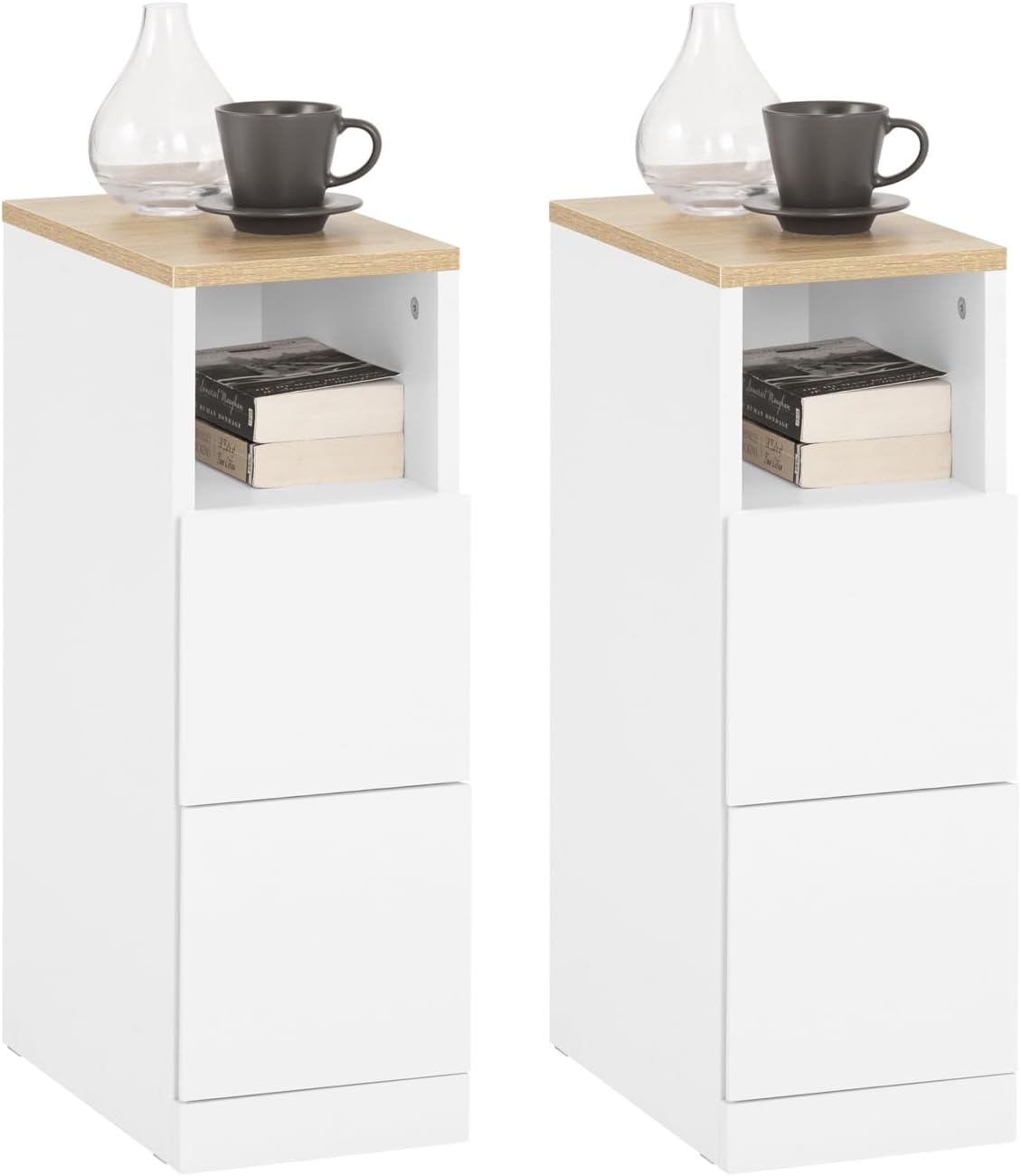 Detalle de SoBuy Lot de 2 Tables de Chevet étroites 20 cm – Tables de Nuit avec 2 tiroirs, blanc, L20 x P35 x H60 cm (FBT149-WNx2)