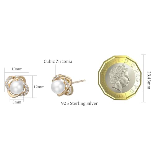 Detalle de Weviway 14K Gold Plated Pearl Stud Earrings for Women – 925 Sterling Silver with Cubic Zirconia