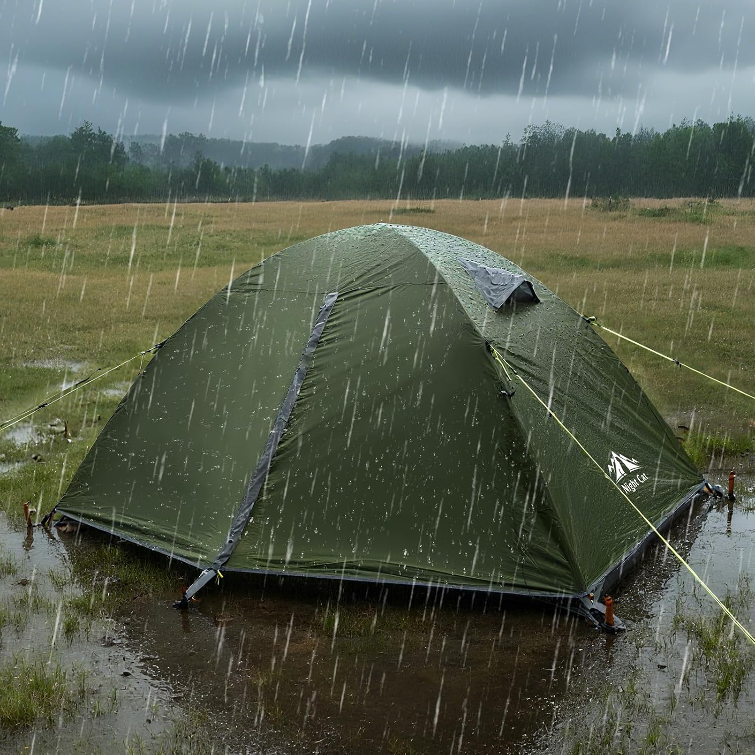 Detalle de Night Cat 2-Person Backpacking Tent, Waterproof Rainfly, Aluminum Poles, Army Green