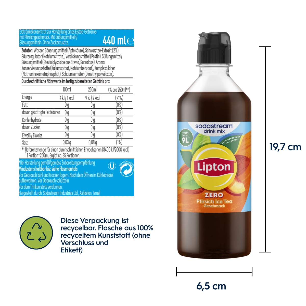Detalle de Sodastream drink mix Lipton Zero Pfirsich Ice Tea – zuckerfreier Sirup, 4er Pack (4 × 440 ml) ergibt bis zu 9 L