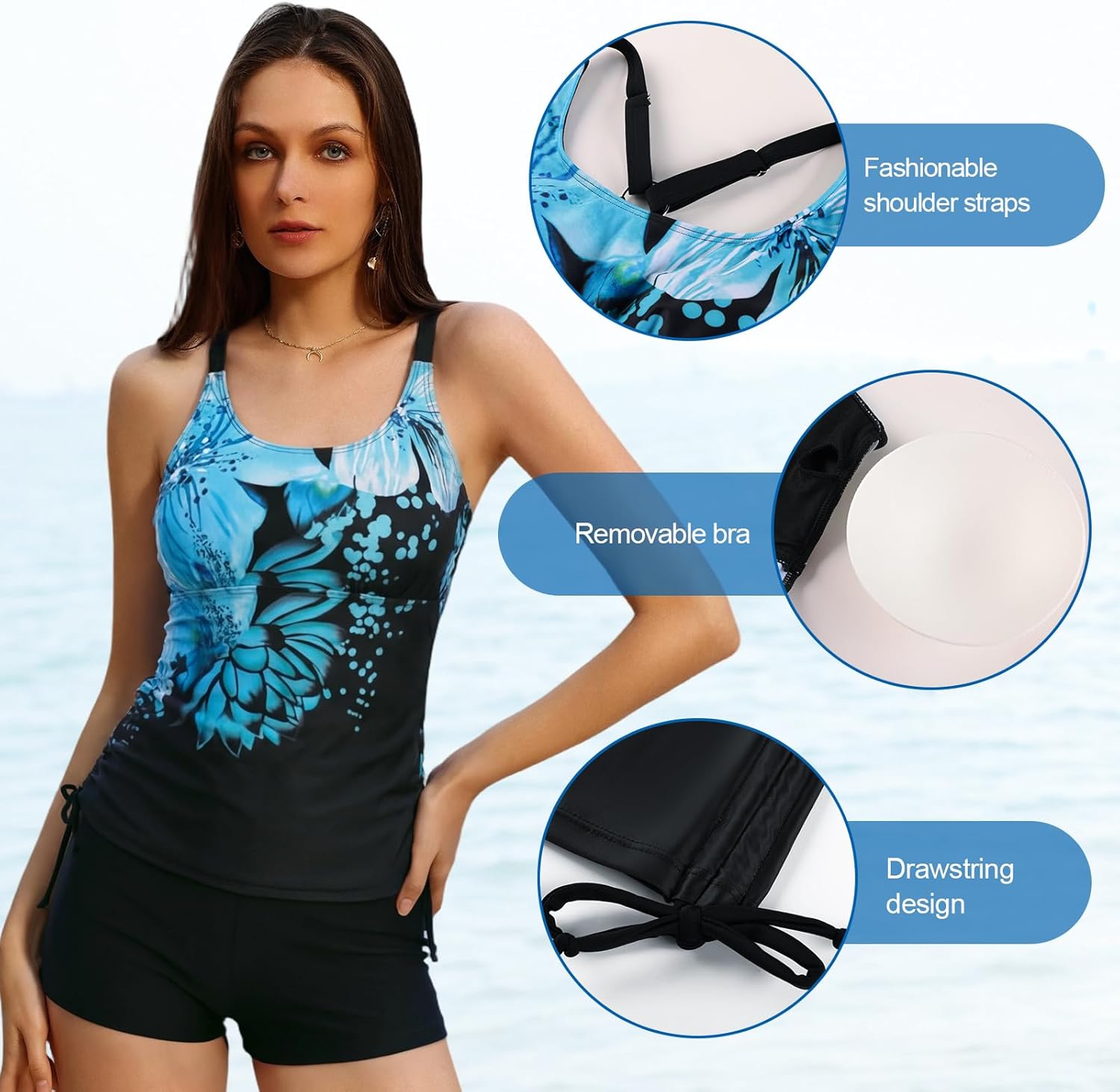 Detalle de JASAMBAC Women's Strappy Tankini Swimsuits – Floral Two-Piece with Adjustable Details