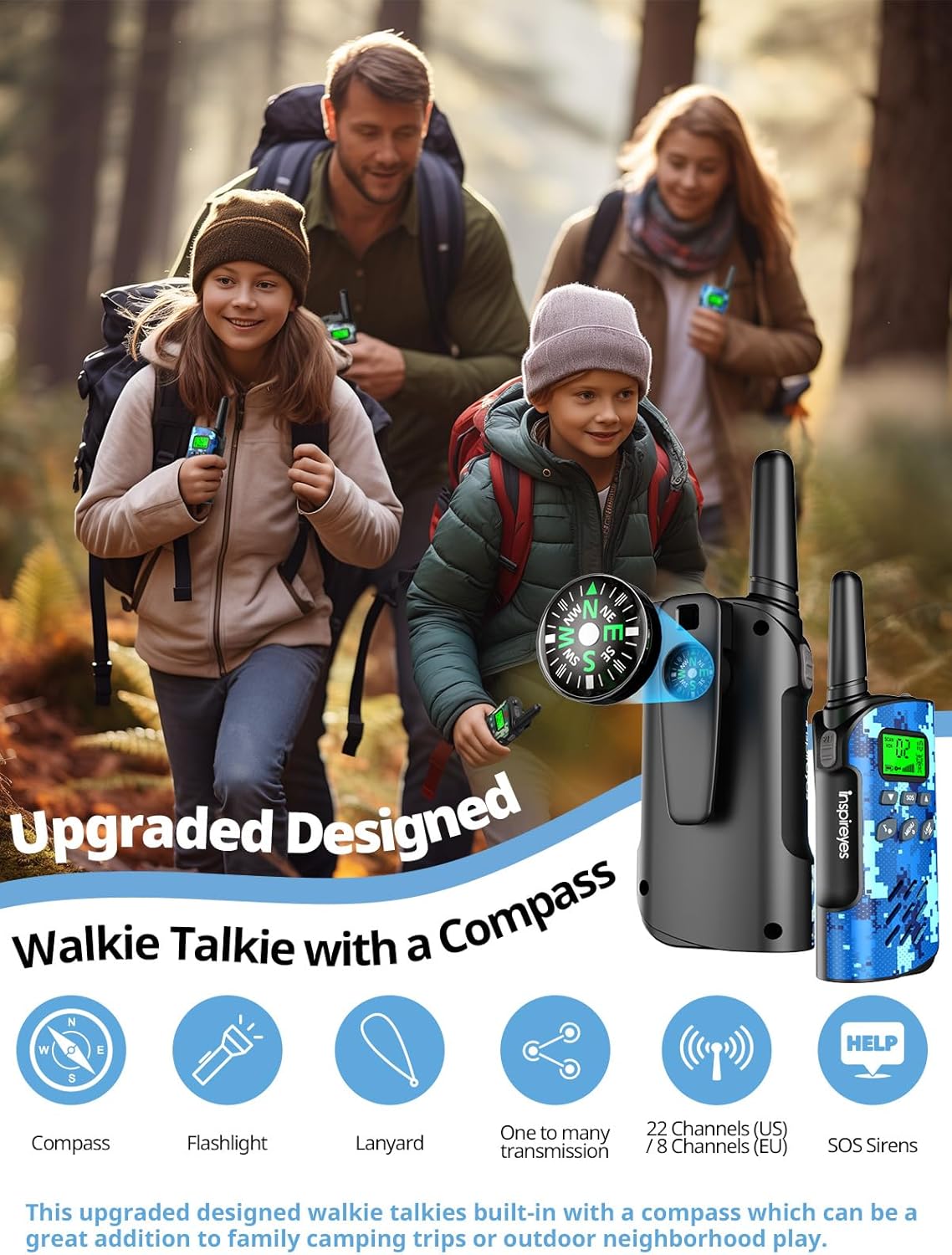 Detalle de Inspireyes Kids Walkie Talkies (2-Pack) with Compass, USB-C Rechargeable – Camouflage