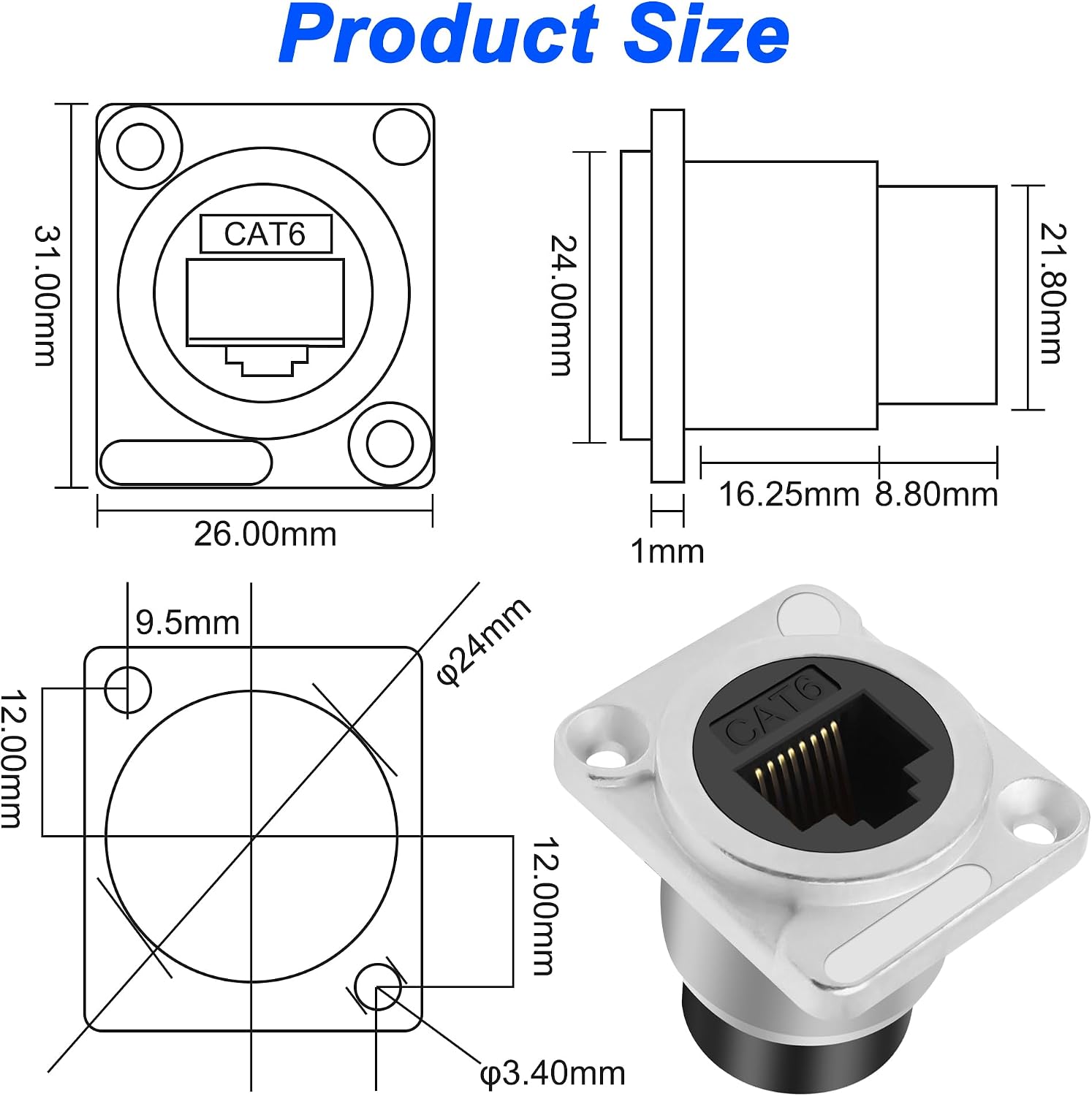 Thumbnail 6 de XMSJSIY D-Type RJ45 CAT6 Panel Mount Adapter: Pass-Through Ethernet Socket (2 Pack, Silver)