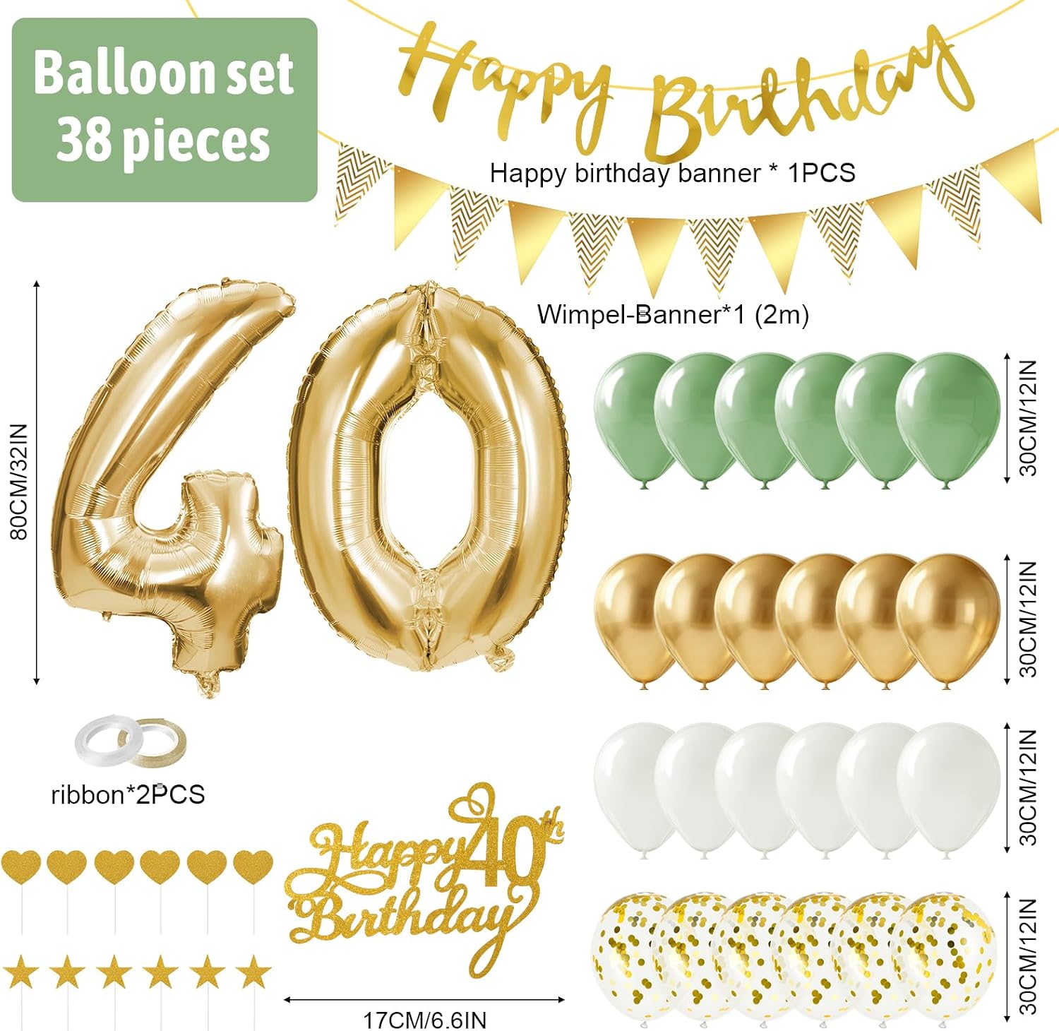 Detalle 2 de Alaoo 40-årsballonger i grönt och guld med banner och tårtdekorationer