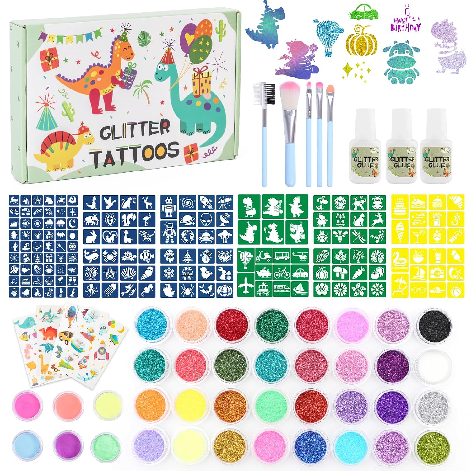 Thumbnail 6 de Highttoy Glitzer Tattoo Set für Mädchen – 38 Farben, 150 Schablonen, 5 Pinsel und 3 Kleber