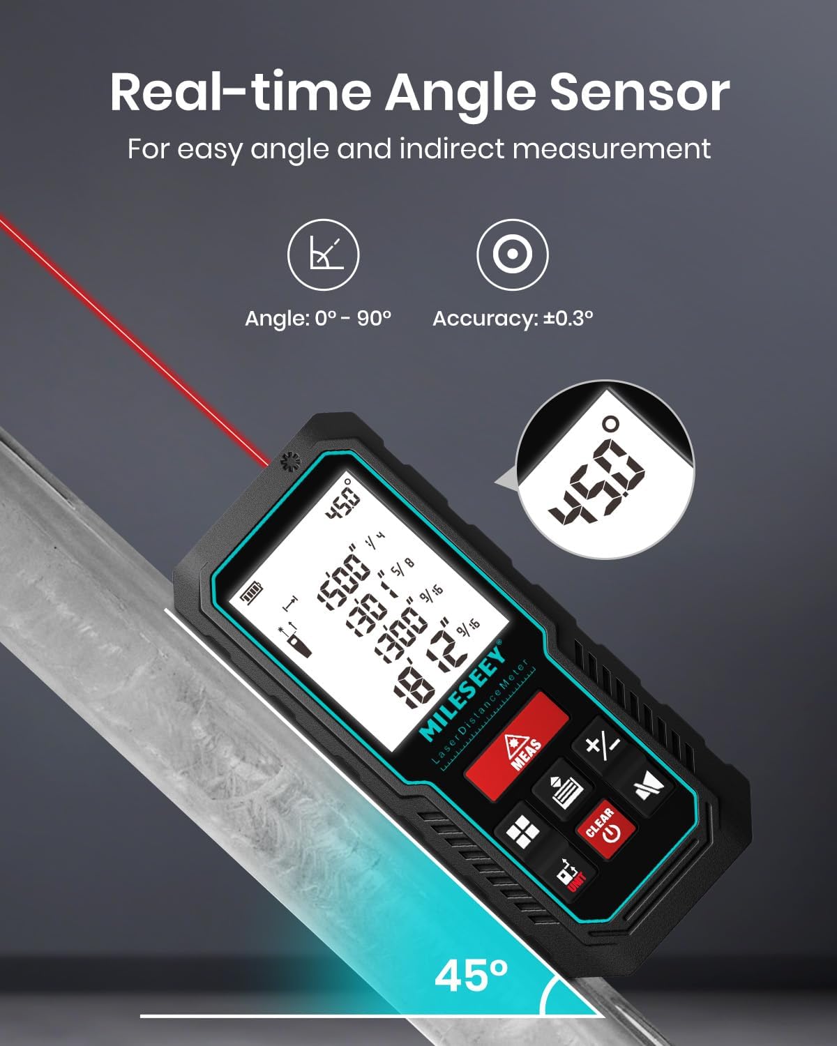 Detalle de MiLESEEY 120M Laser Measure Device – 229ft Digital Laser Tape with Angle Sensor