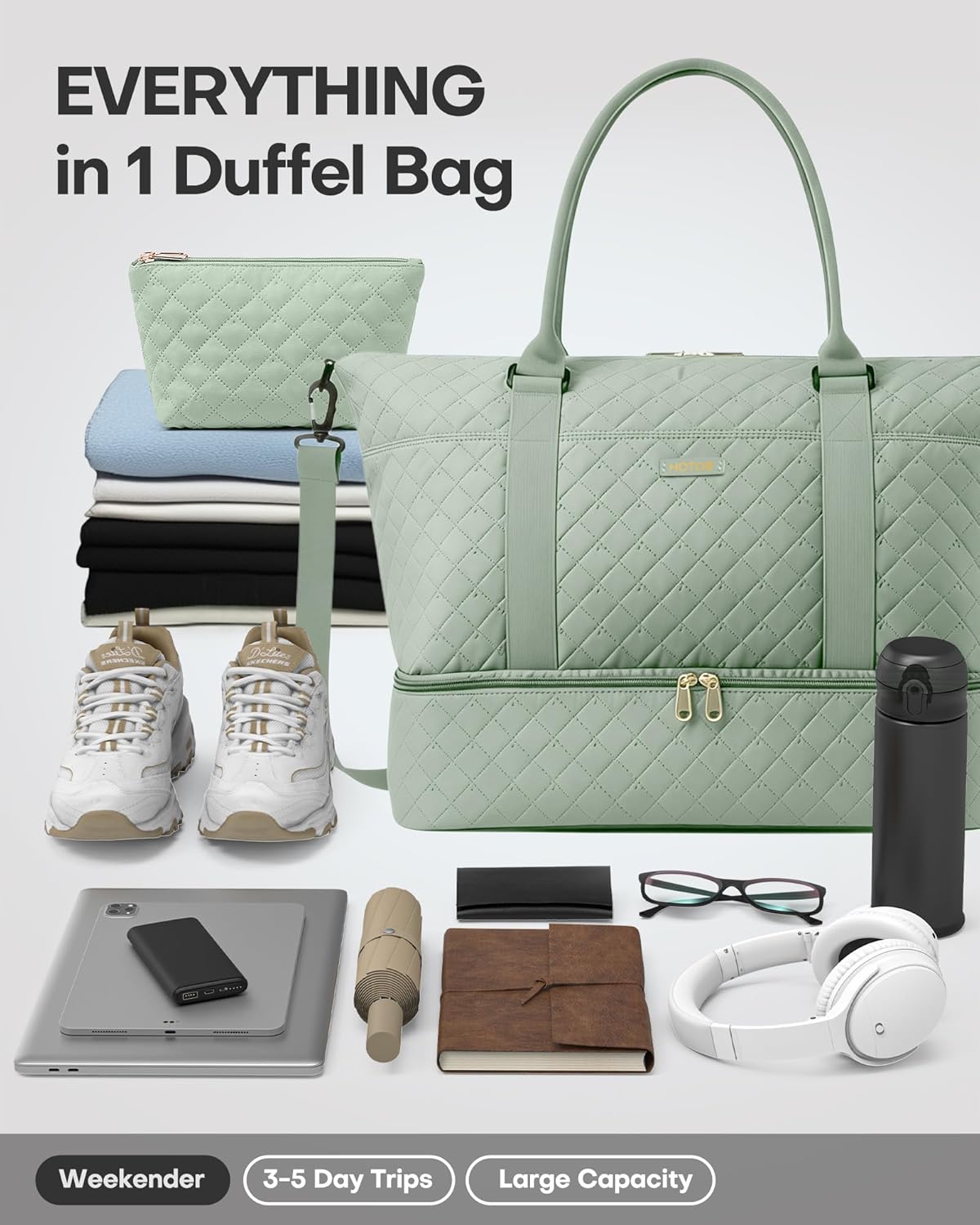Thumbnail 4 de HOTOR women’s lightweight travel holdall with shoe compartment and toiletry bag (Green) – 34 x 45 x 20 cm
