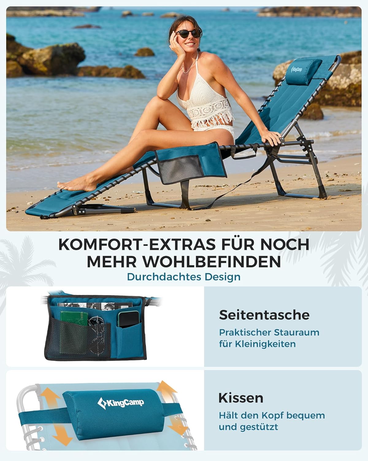 Thumbnail 6 de KingCamp Übergroße Sonnenliege Klappbar 5‑Fach Verstellbar – 200 x 68 cm, bis 200 kg