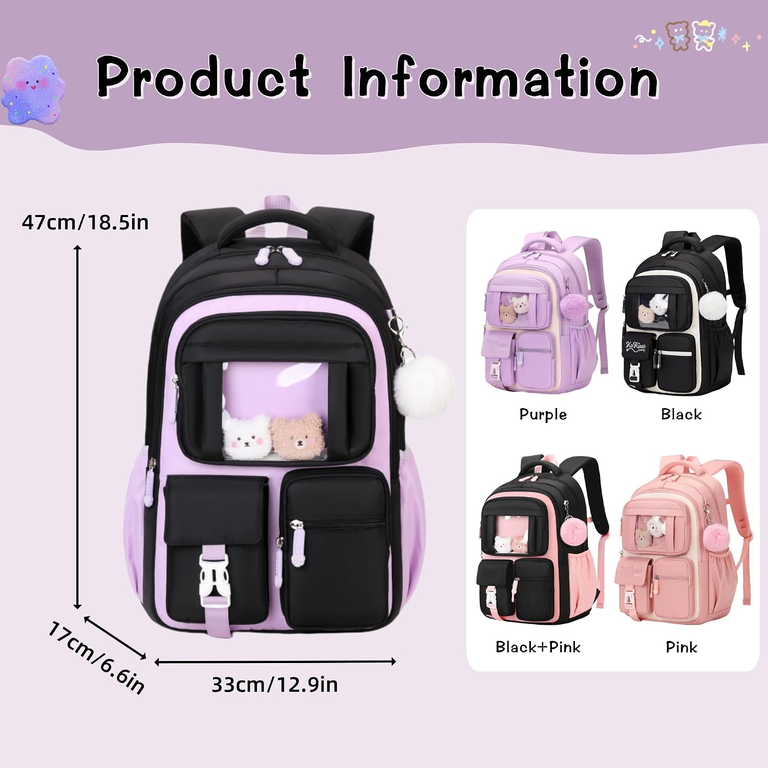 Detalle de Bansusu Kawaii Girls Backpack for Kids – 26L School Daypack (B552-Black+Pink)