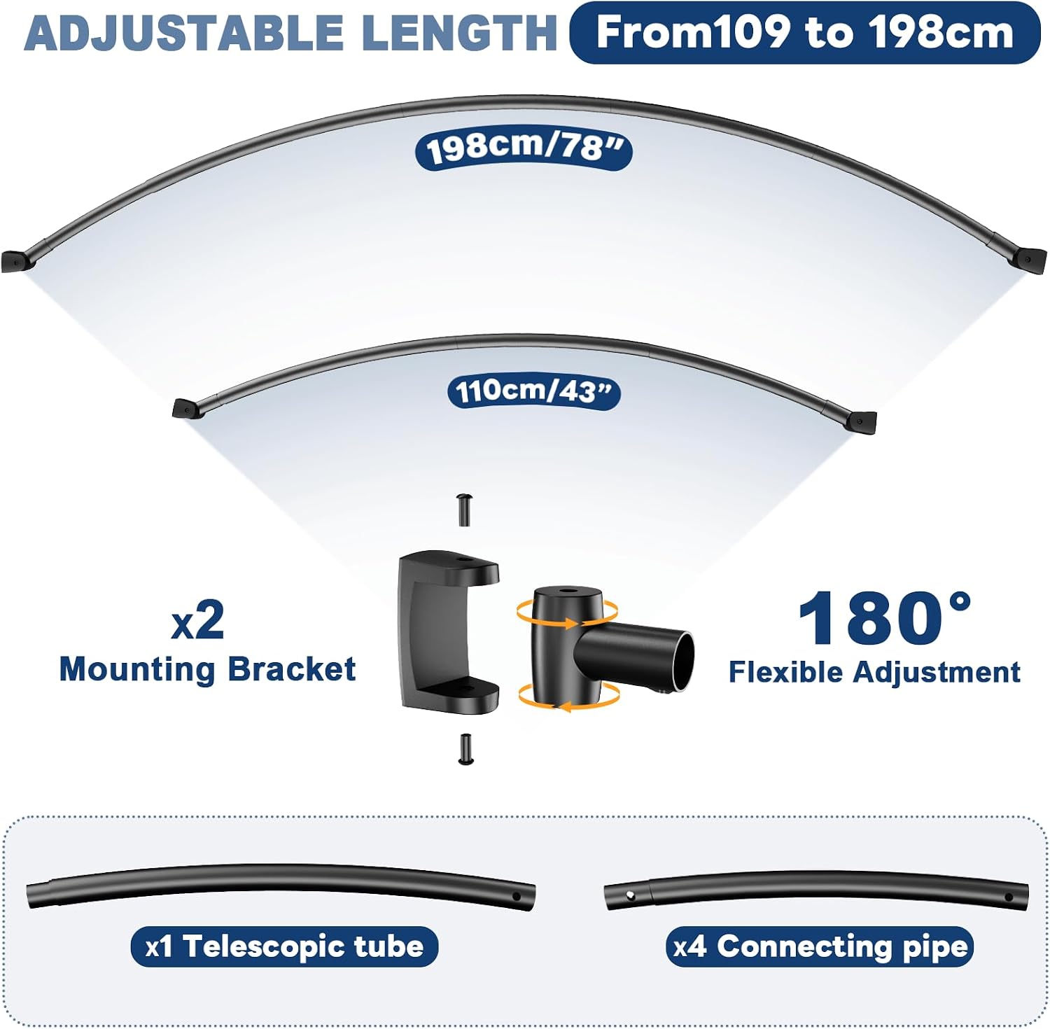 Thumbnail 2 de Abiglifty Curved Shower Curtain Rod (109–198cm) adjustable black rail – rust-resistant, drill-in style