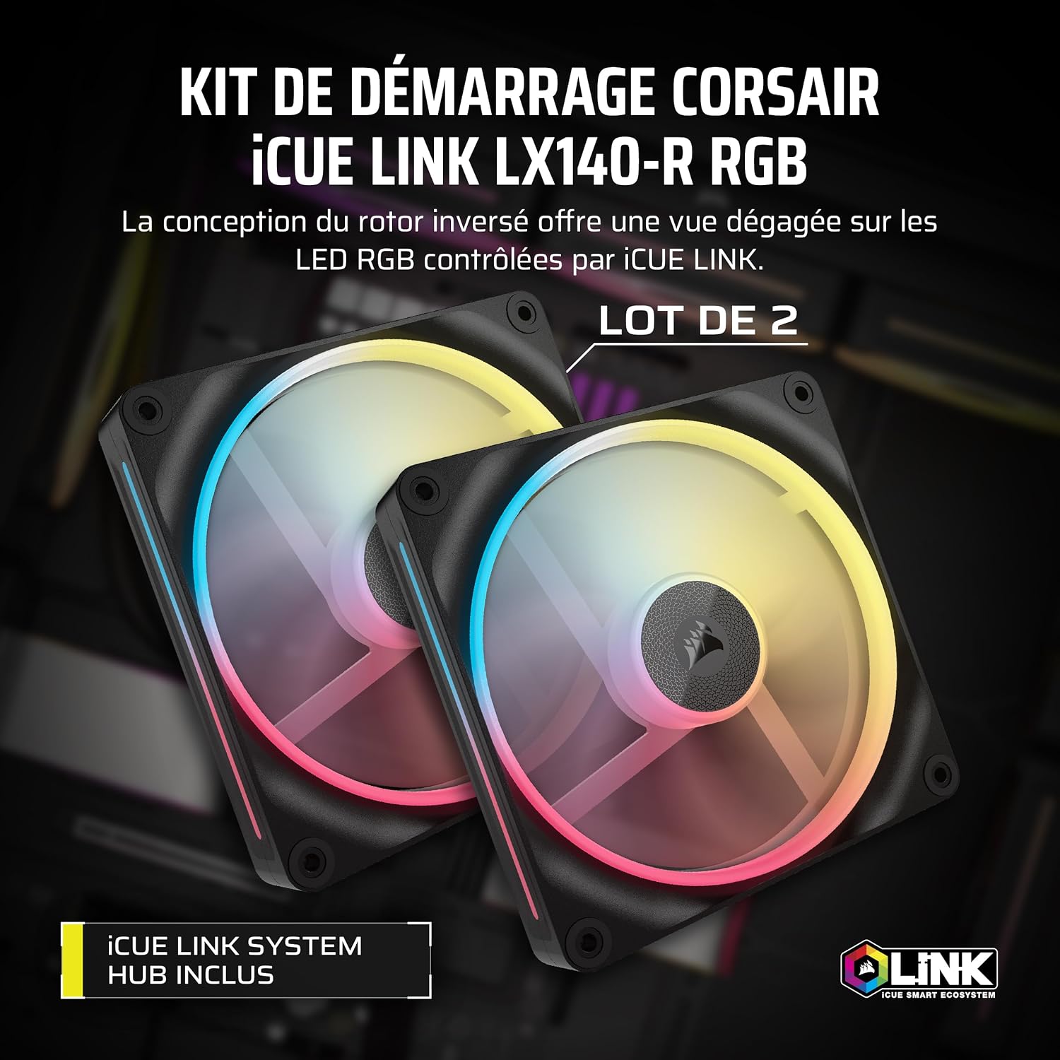 Thumbnail 1 de CORSAIR iCUE Link LX140-R RGB 140 mm PWM – Kit double ventilateurs inversés, faible bruit, mode Zéro RPM, noir