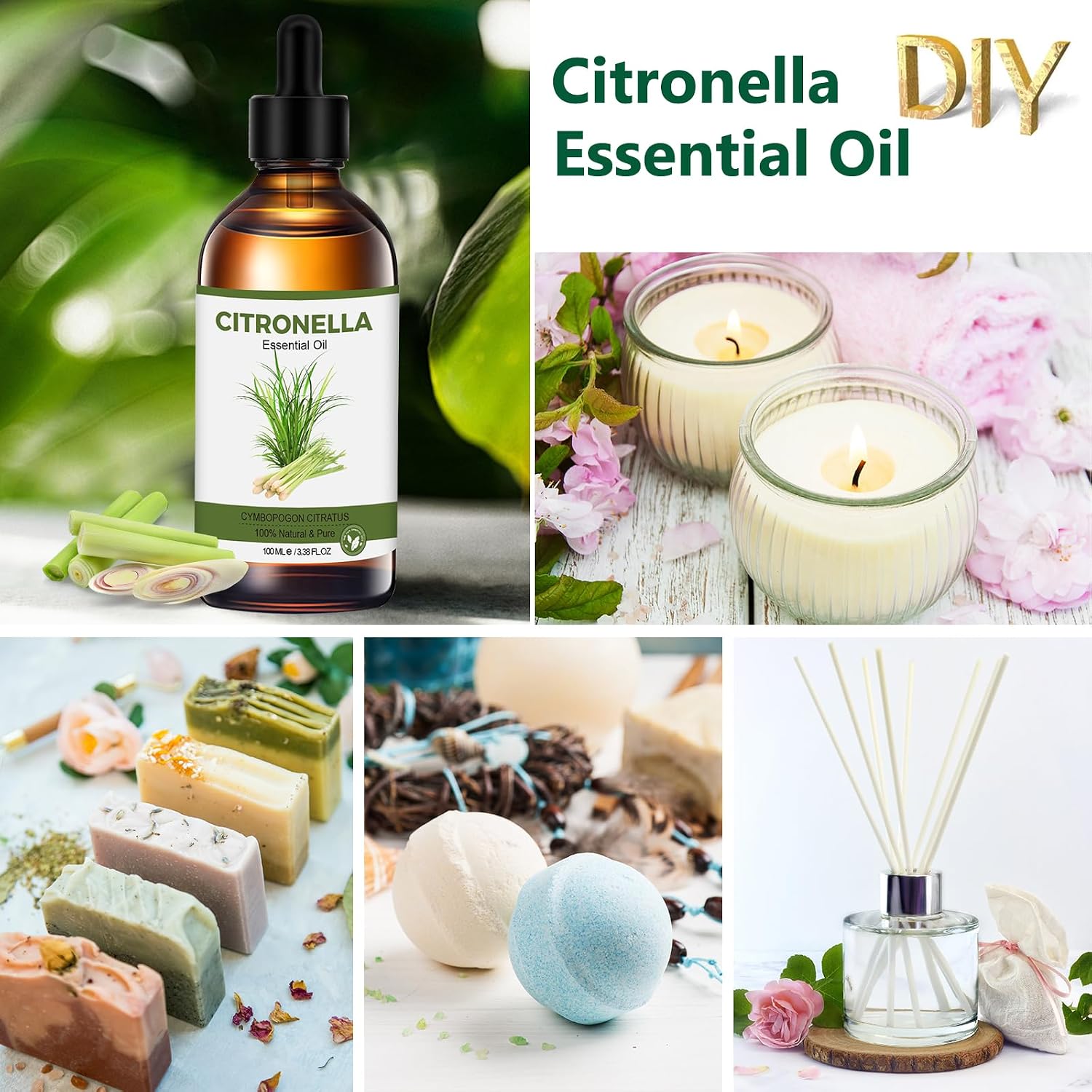 Detalle de Olio di citronella 100 ml puro – olio essenziale per diffusori, massaggi e DIY