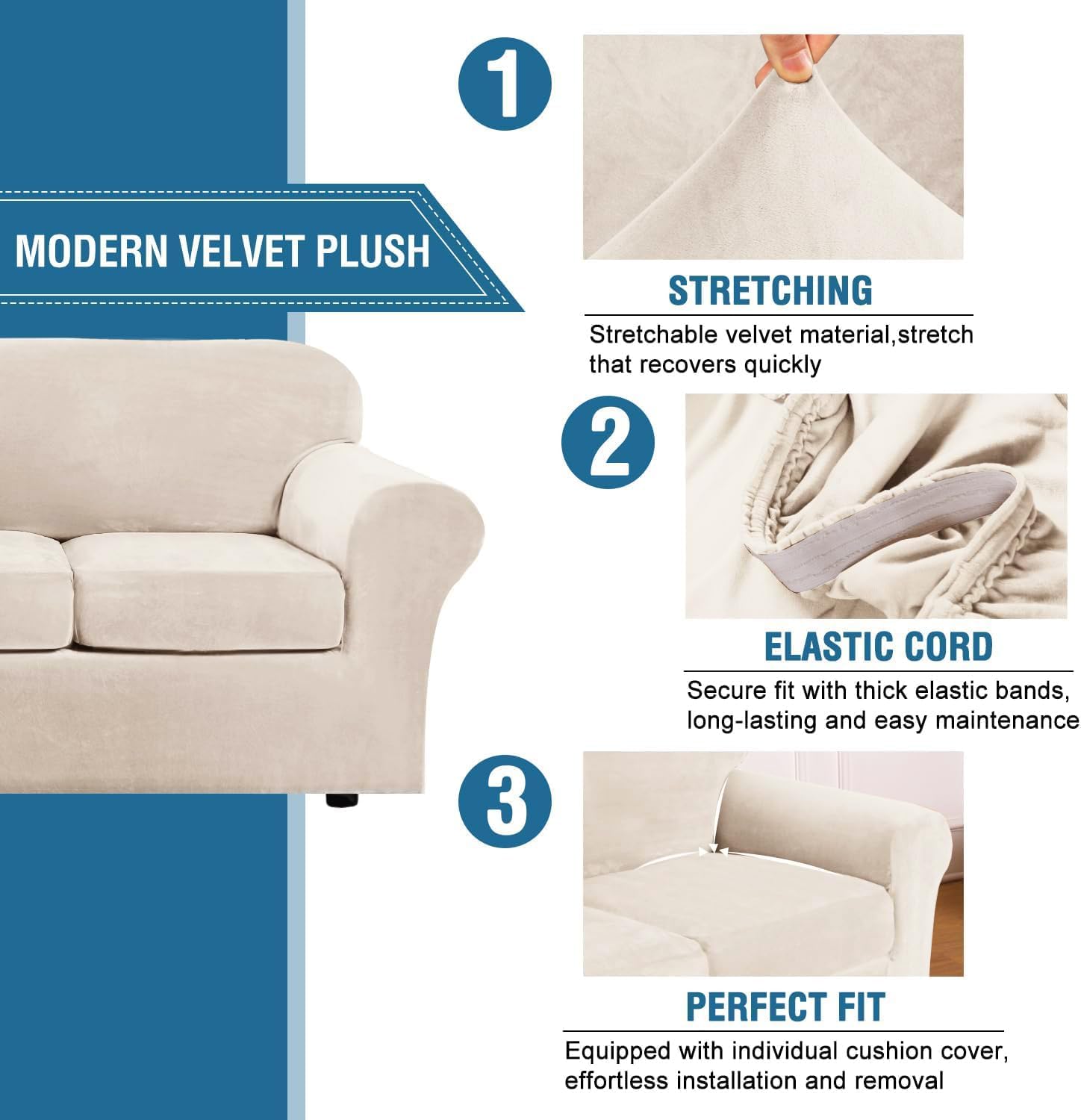 Thumbnail 1 de H.VERSAILTEX 3 Piece Stretch Sofa Covers for 2-Cushion Couch (Cream, Medium) – A Practical Upfit for Old Furniture