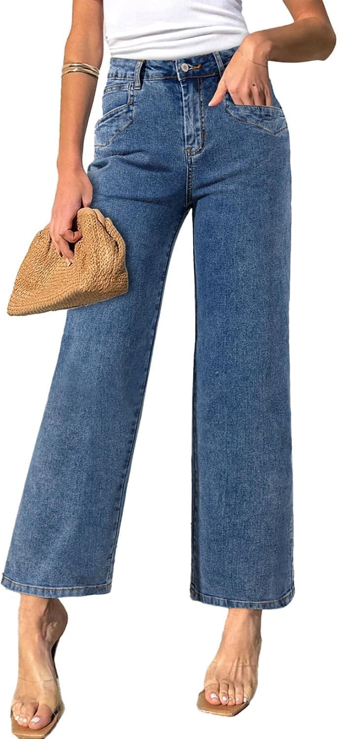 Detalle de SIDEFEEL Women's High-Waisted Stretchy Wide-Leg Jeans with Slant Pockets