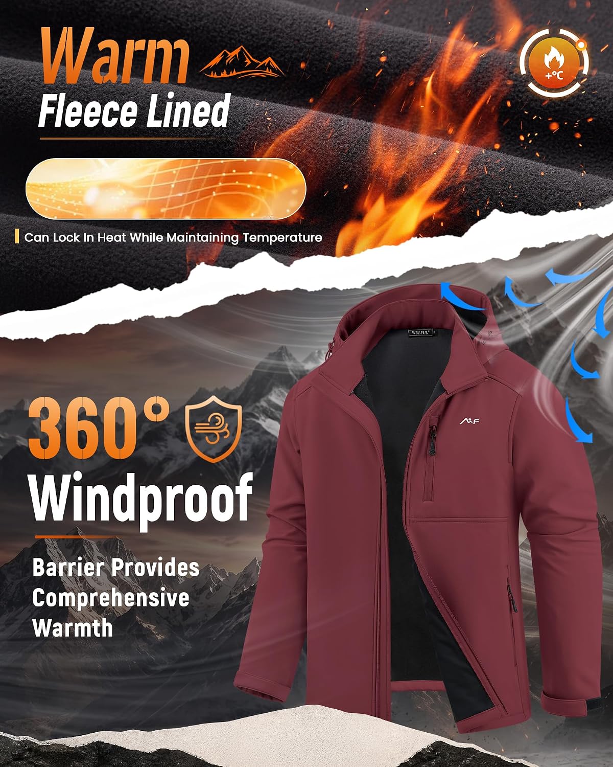 Thumbnail 3 de WULFUL Men's Softshell Jacket, Fleece-Lined with Stowable Hood