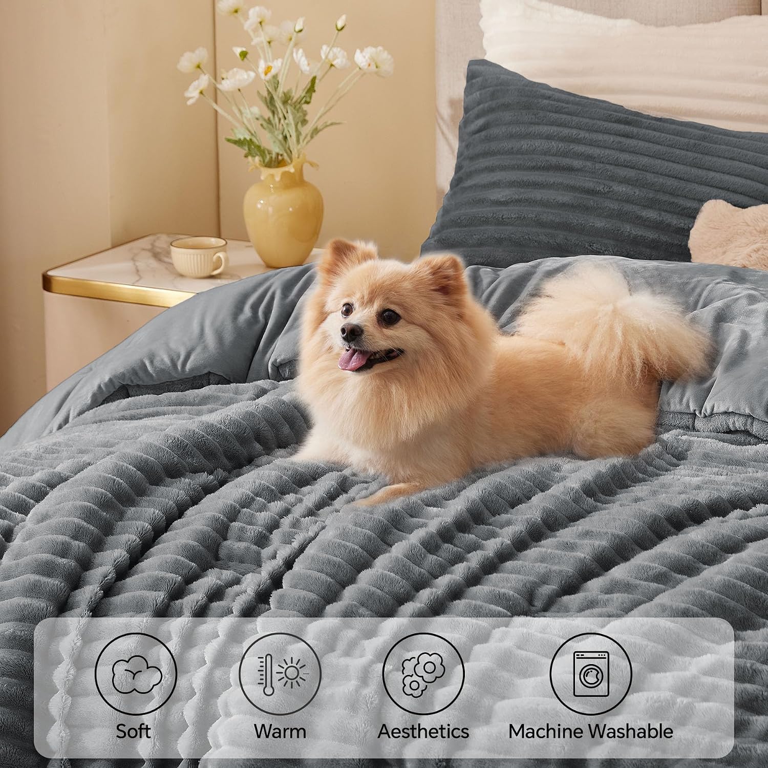 Thumbnail 2 de BEDELITE Full Fleece Comforter Set, Gray Polyester with Striped Plush Texture
