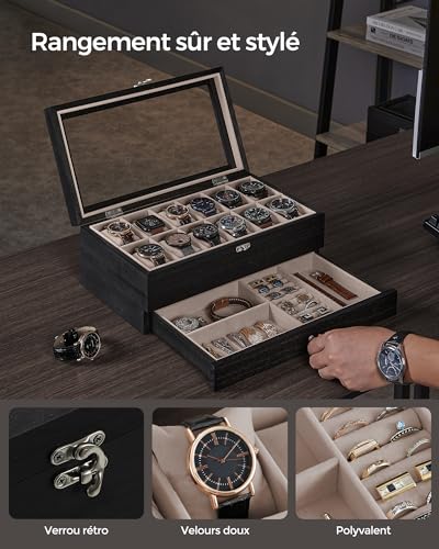 Detalle de SONGMICS Anicia JOW012B01, boîte à montres en bois 12 places avec couvercle en verre