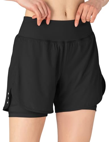 Detalle 2 de donhobo Damen Sport Shorts 2-in-1 kurz 2-in-1 Laufshorts Schnelltrocknend Schwarz M