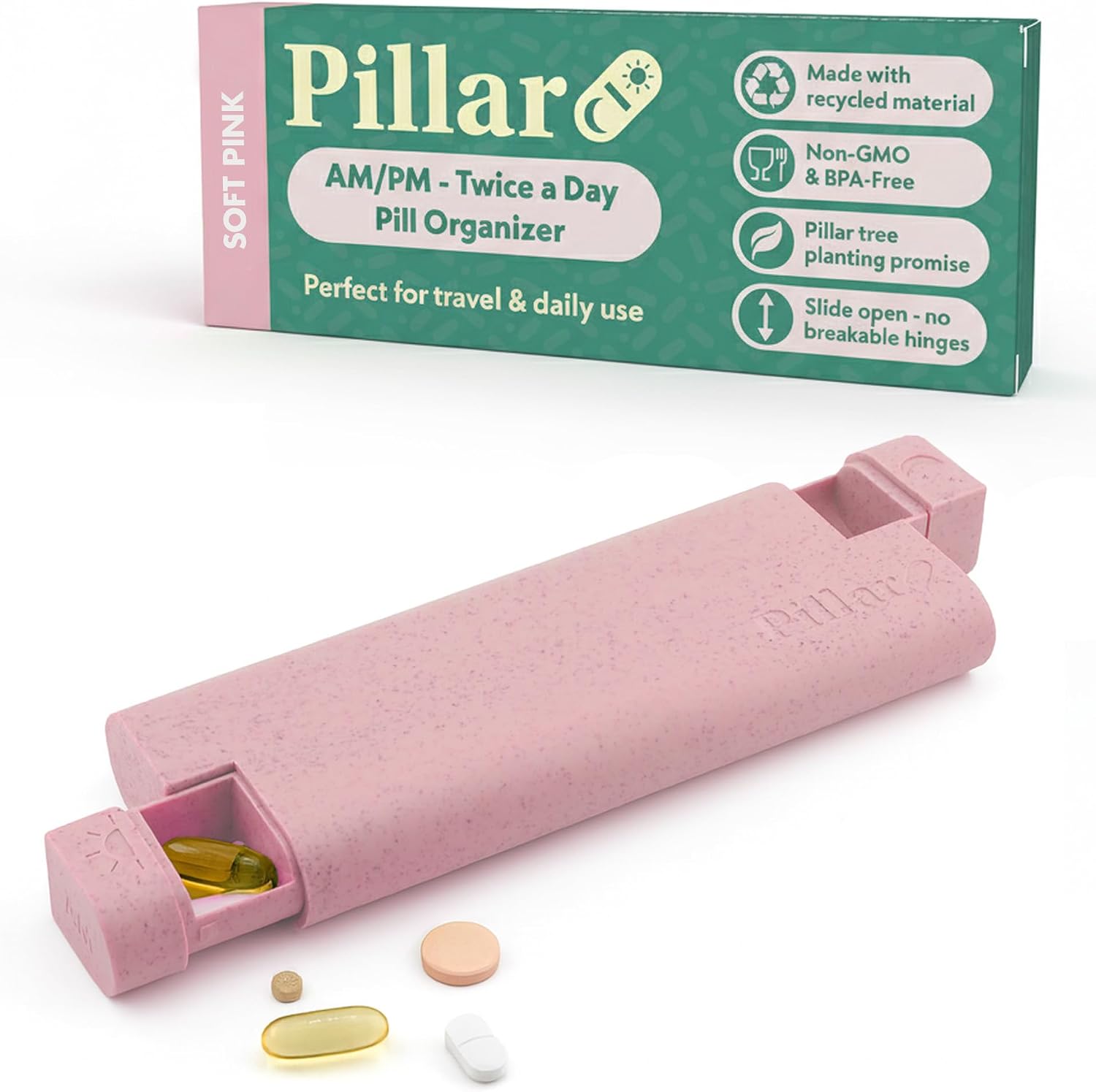 Detalle de Pillar AM/PM Pill Organiser with 14 compartments (7 days, morning & night) – Soft Pink