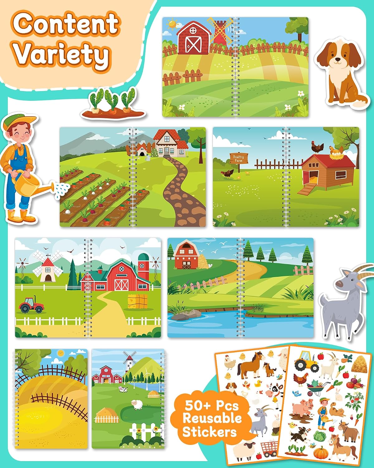 Detalle 2 de Zartores Sticker Book Reusable Farm Jelly Sticker Activity Book, 7 Scenes