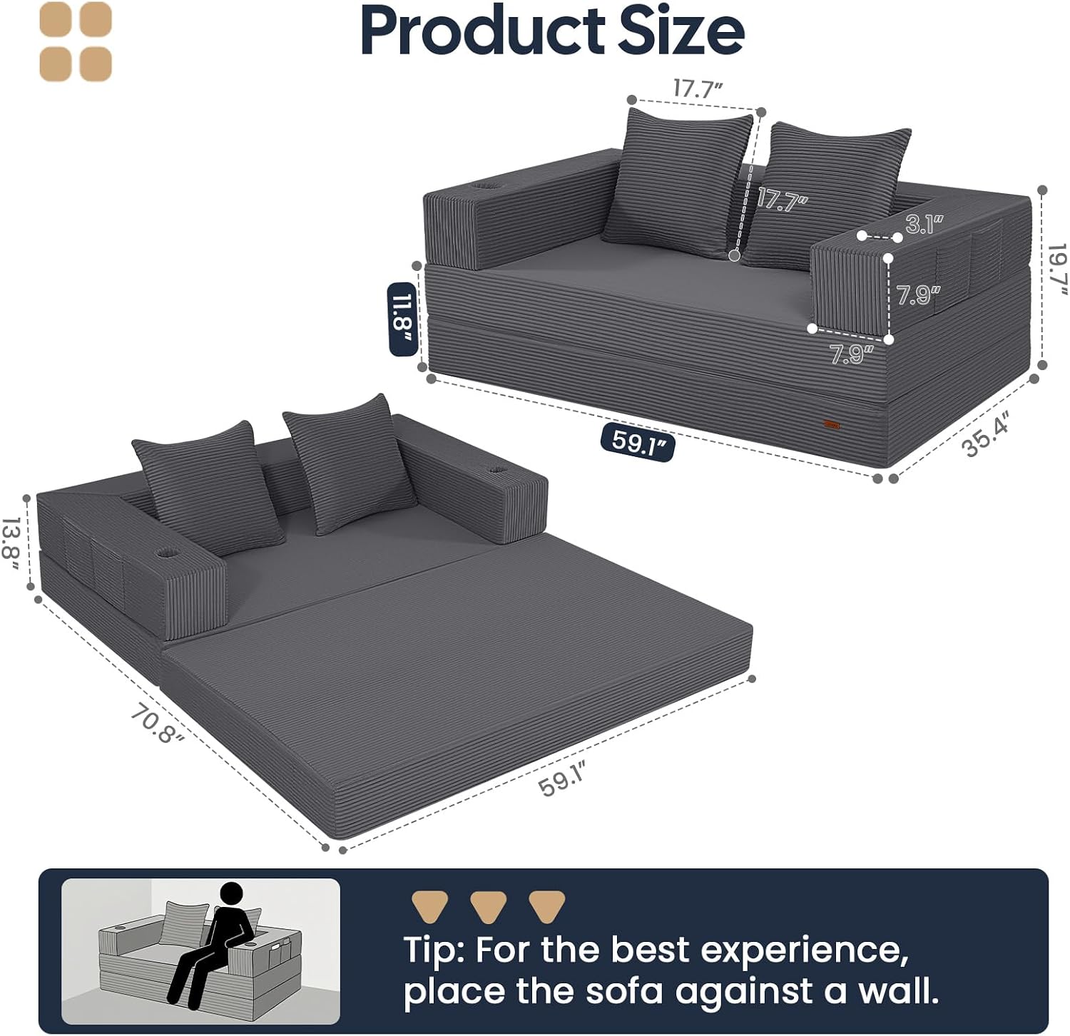 Thumbnail 1 de COMAX Futon Sofa Bed 4-in-1: Space-Saving Convertible for Small Living Rooms