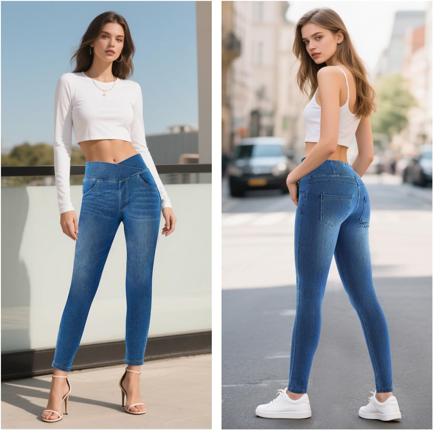 Thumbnail 4 de LaiEr Women V Crossover Skinny Jeans High Waist Tummy Control – Casual Faux Denim Print Leggings with Side Pockets