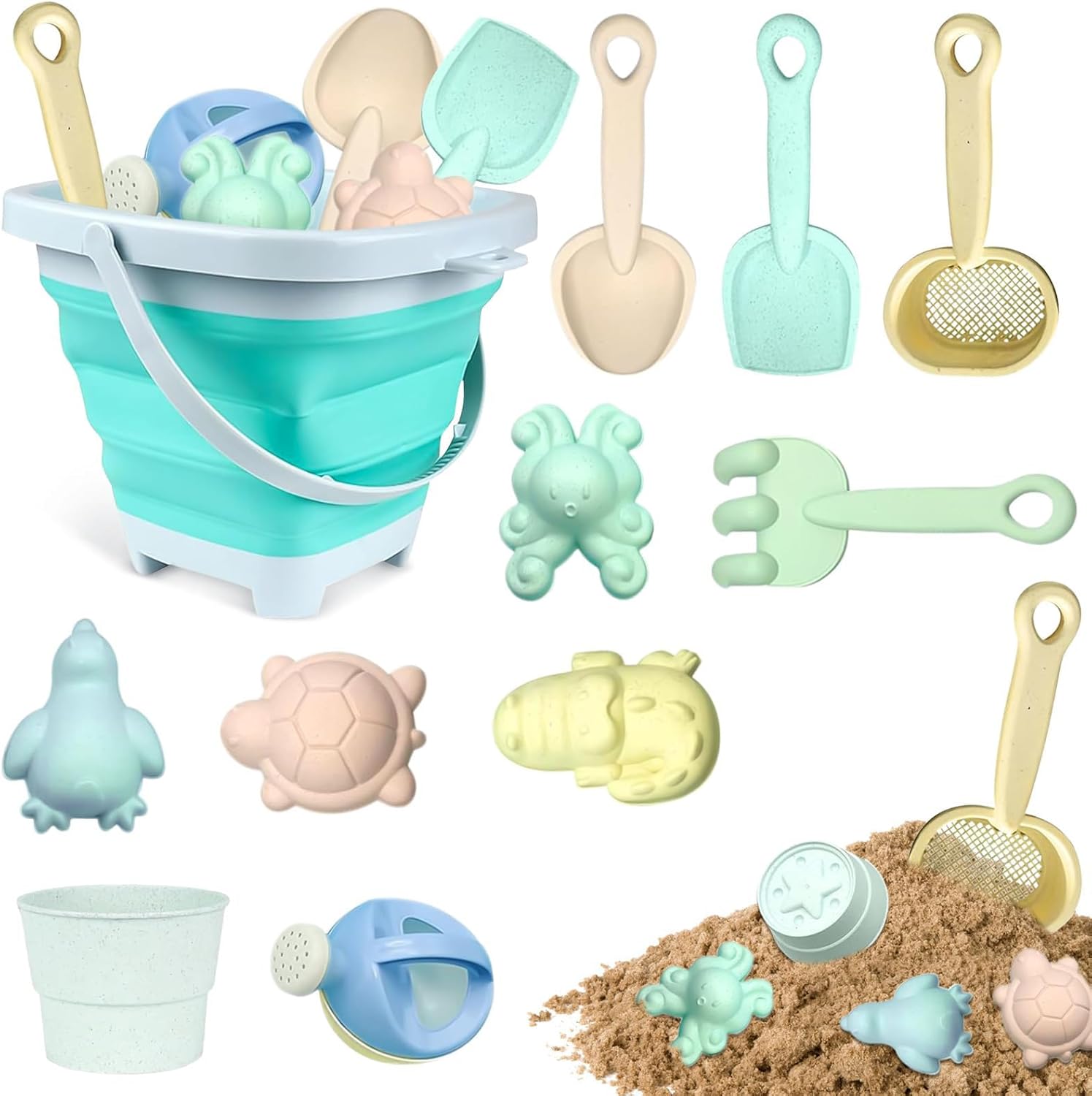 Taufe set giochi da sabbiera da 11 pezzi con secchio pieghevole e accessori da spiaggia per bambini (Blue)