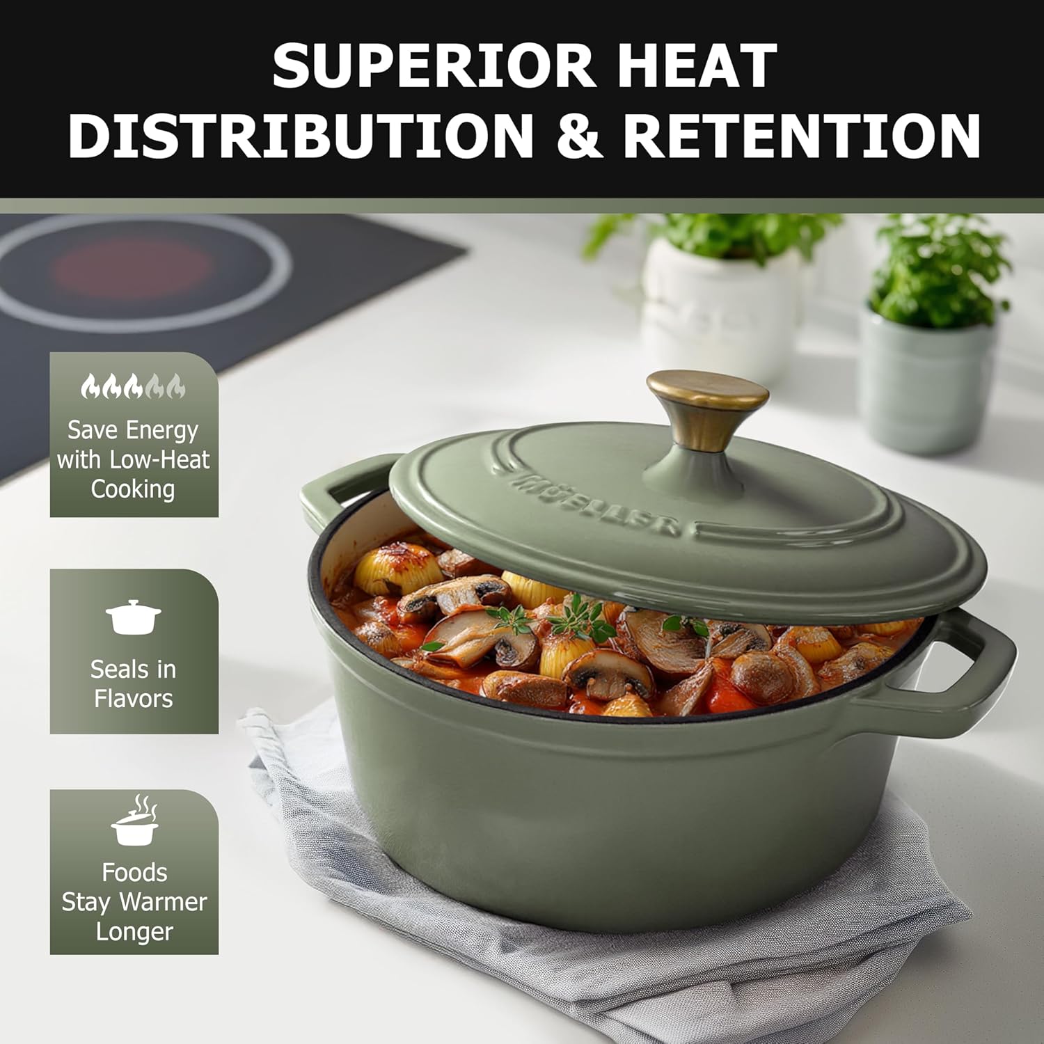 Thumbnail 3 de Mueller Home 6 Quart Enameled Cast Iron Dutch Oven (Thyme Green) for Sourdough & Everyday Cooking